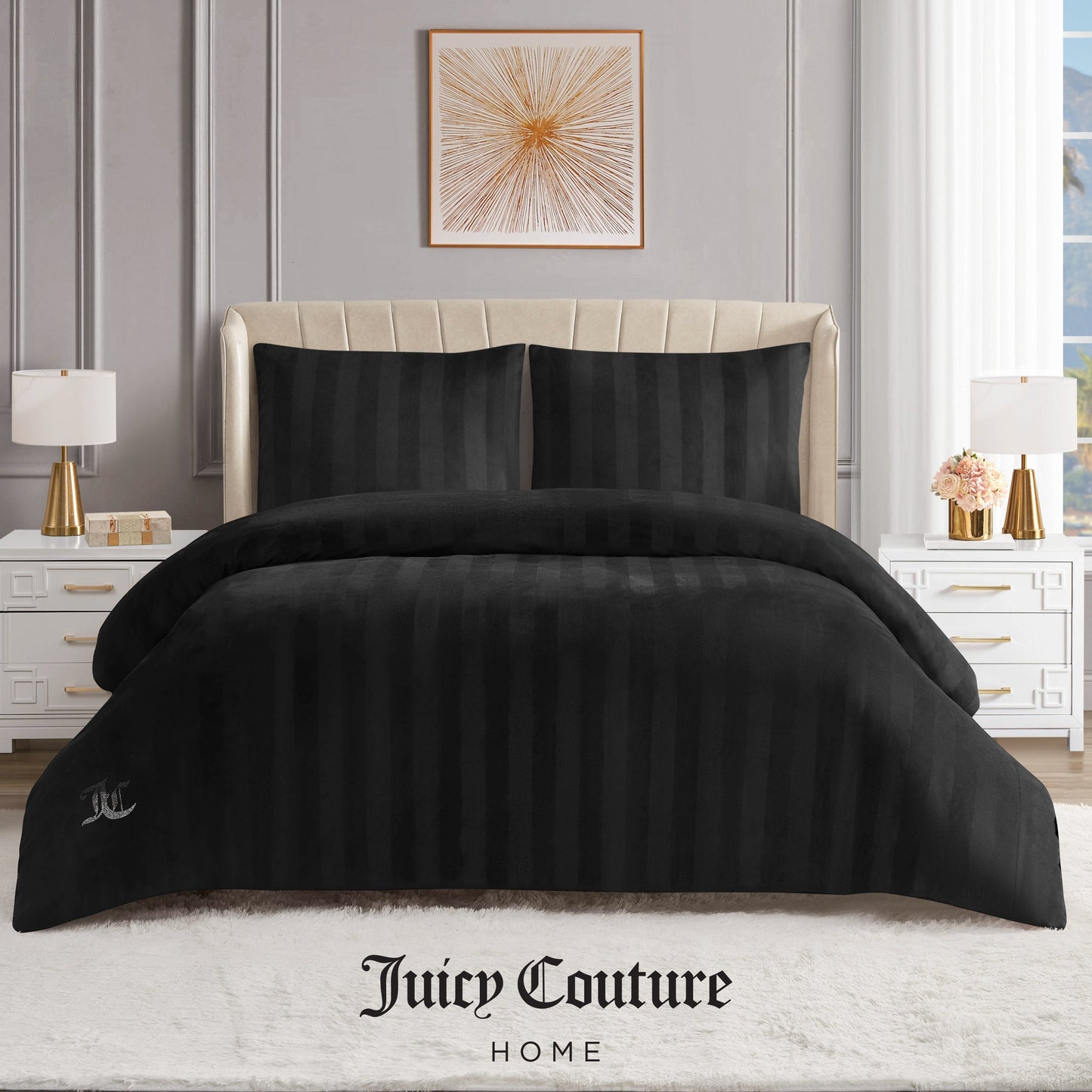 Jenny Velour Striped Jacquard Comforter Set - Black - Juicy Couture