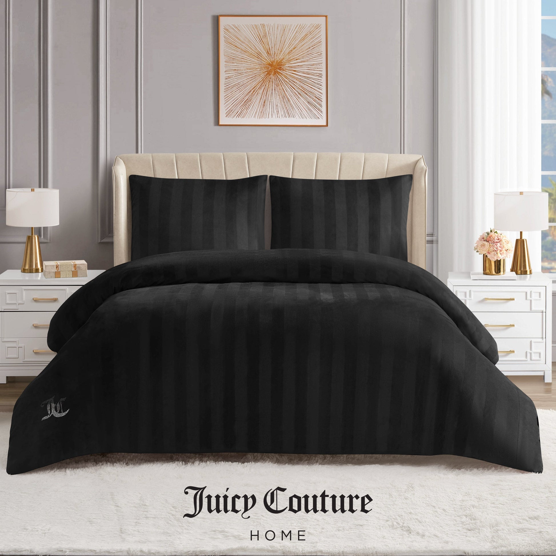 Jenny Velour Striped Jacquard Comforter Set - Black - Juicy Couture