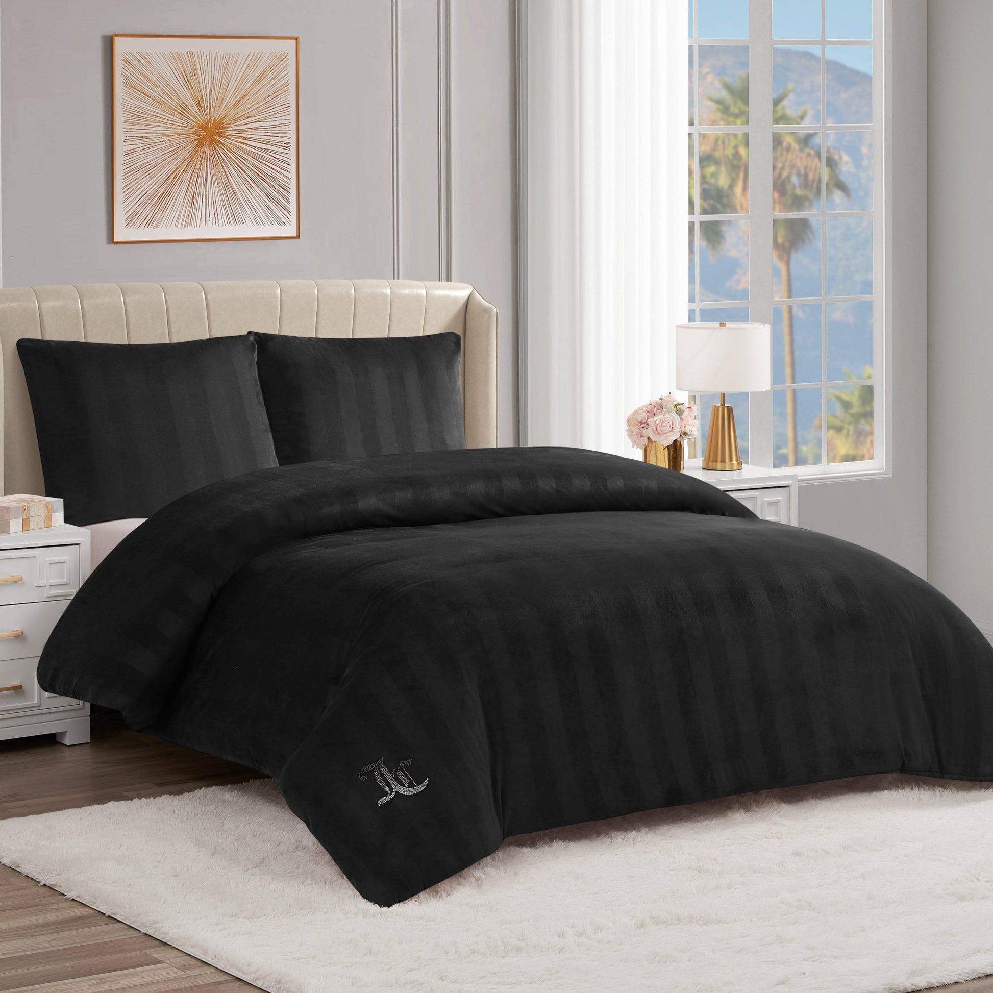 Jenny Velour Striped Jacquard Comforter Set - Black - Juicy Couture