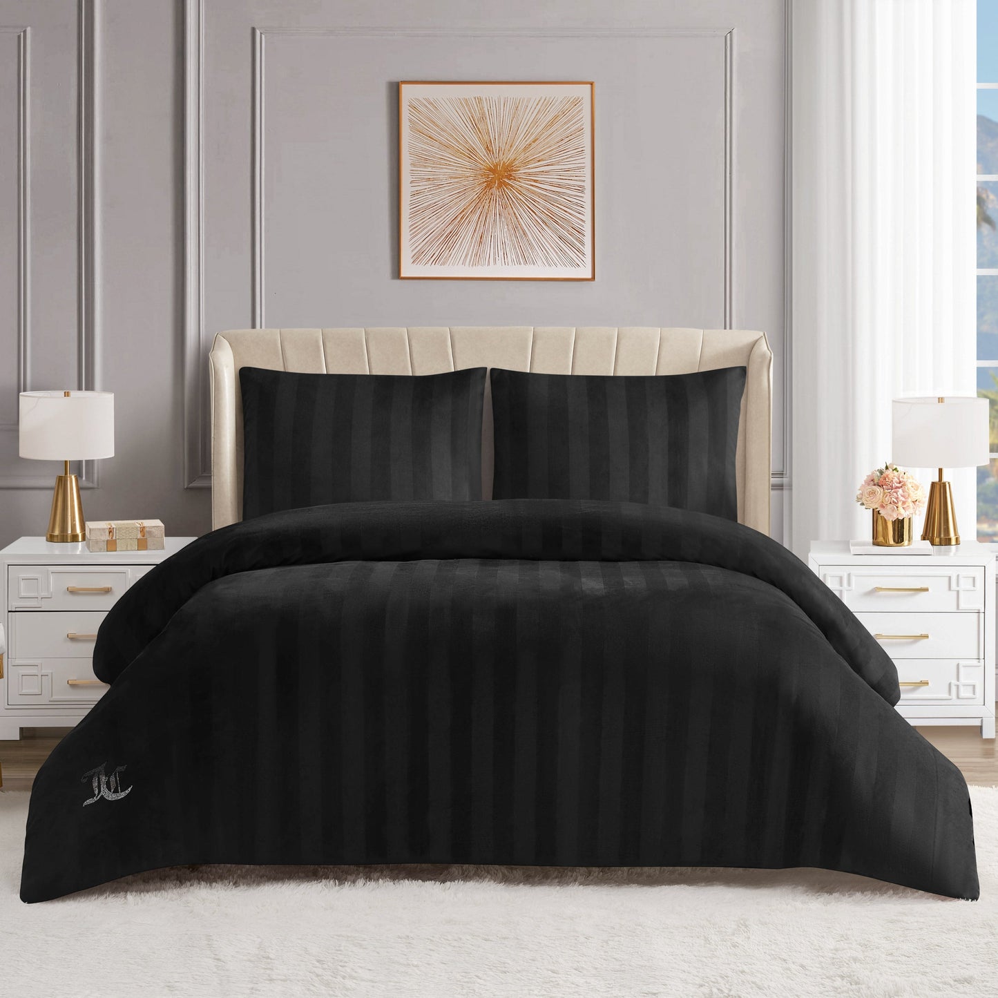 Jenny Velour Striped Jacquard Comforter Set - Black - Juicy Couture
