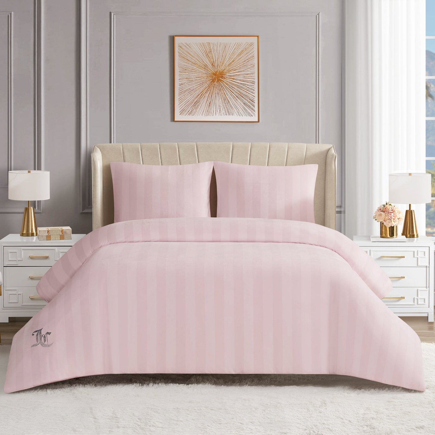 Jenny Velour Striped Jacquard Comforter Set - Light Pink - Juicy Couture
