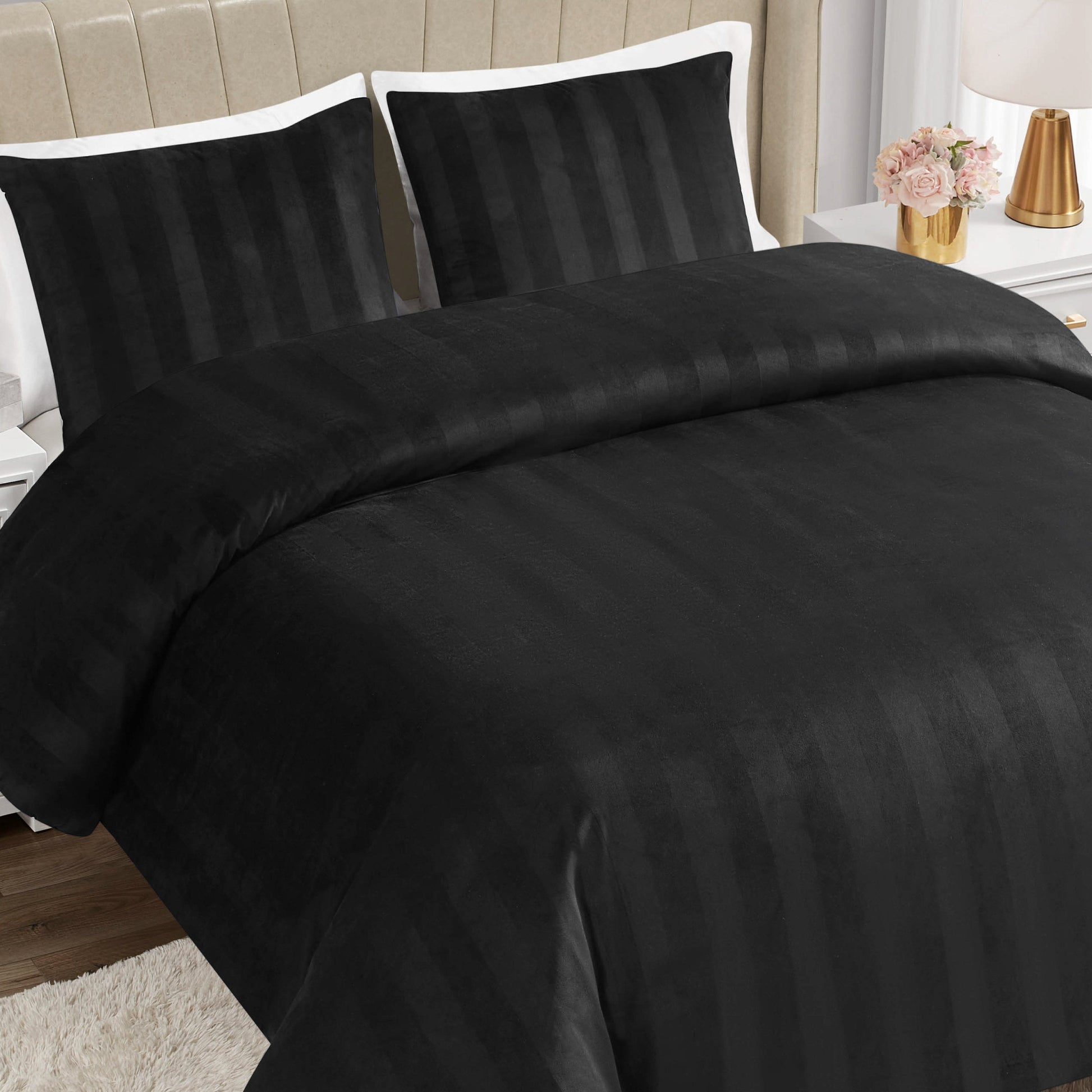 Jenny Velour Striped Jacquard Duvet Set - Black - Juicy Couture