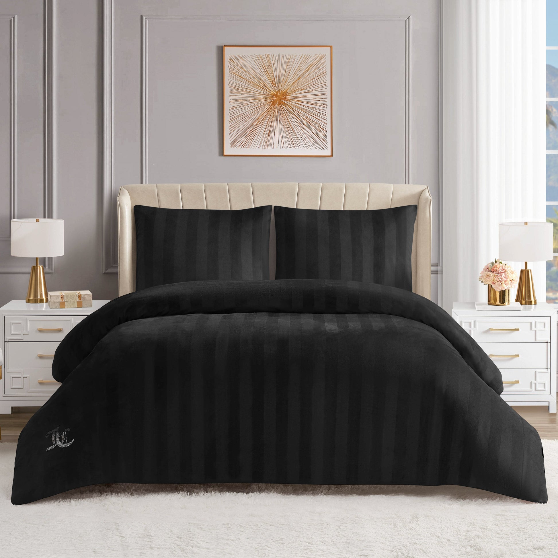 Jenny Velour Striped Jacquard Duvet Set - Black - Juicy Couture