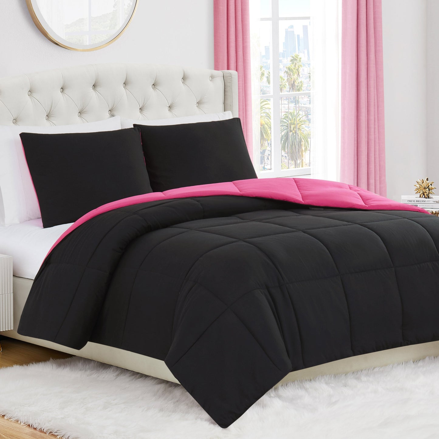 Box Stitch Reversible Comforter Set - Black/Hot Pink - Juicy Couture