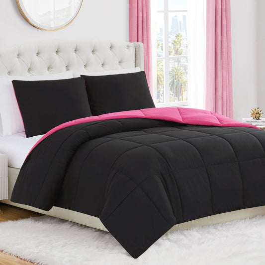 Box Stitch Reversible Comforter Set - Black/Hot Pink - Juicy Couture