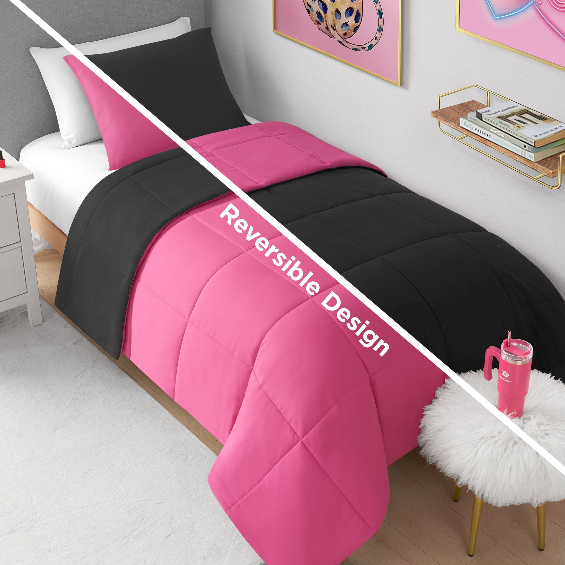 Box Stitch Reversible Comforter Set - Black/Hot Pink - Juicy Couture