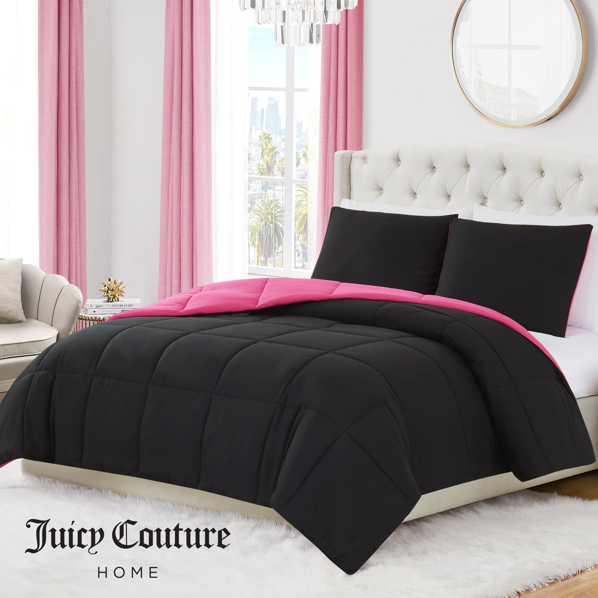 Box Stitch Reversible Comforter Set - Black/Hot Pink - Juicy Couture