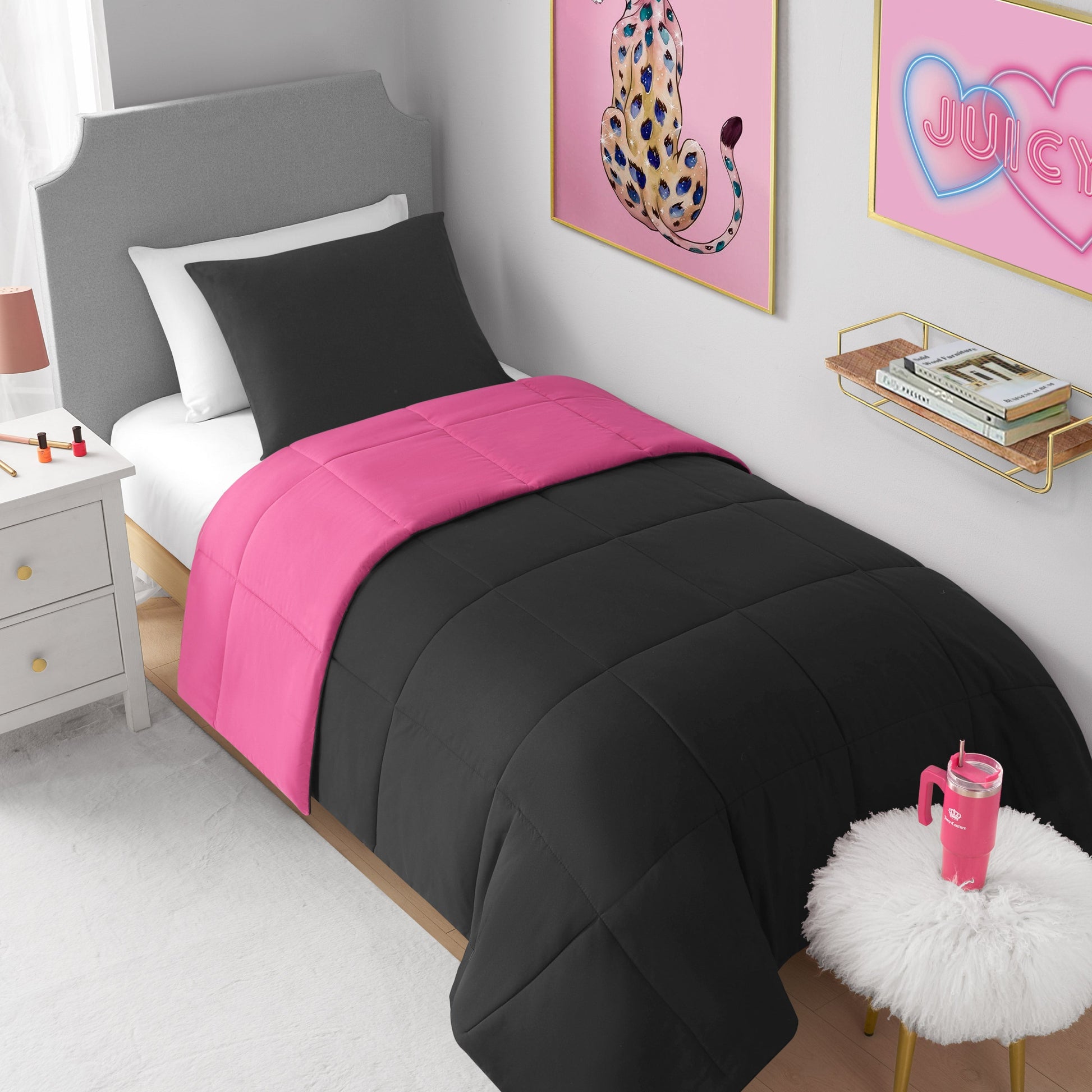 Box Stitch Reversible Comforter Set - Black/Hot Pink - Juicy Couture