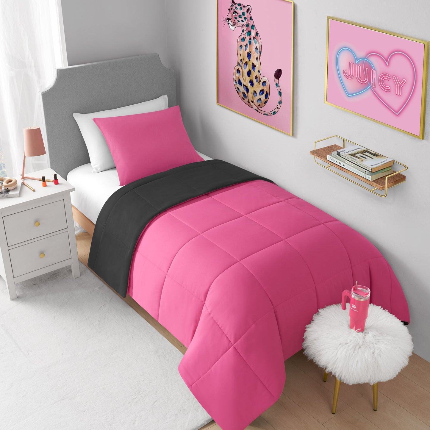 Box Stitch Reversible Comforter Set - Black/Hot Pink - Juicy Couture