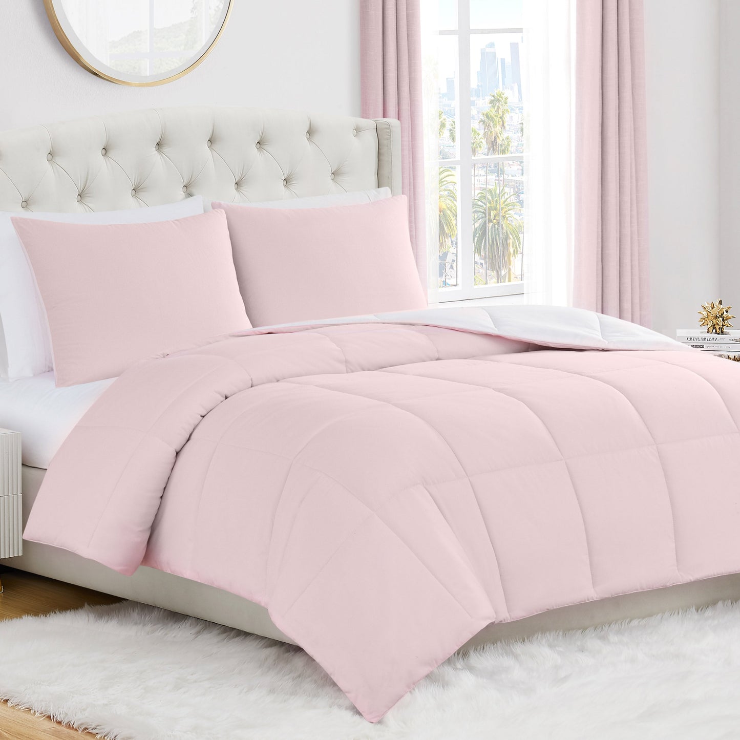 Box Stitch Reversible Comforter Set - Pink Marshmallow/White - Juicy Couture