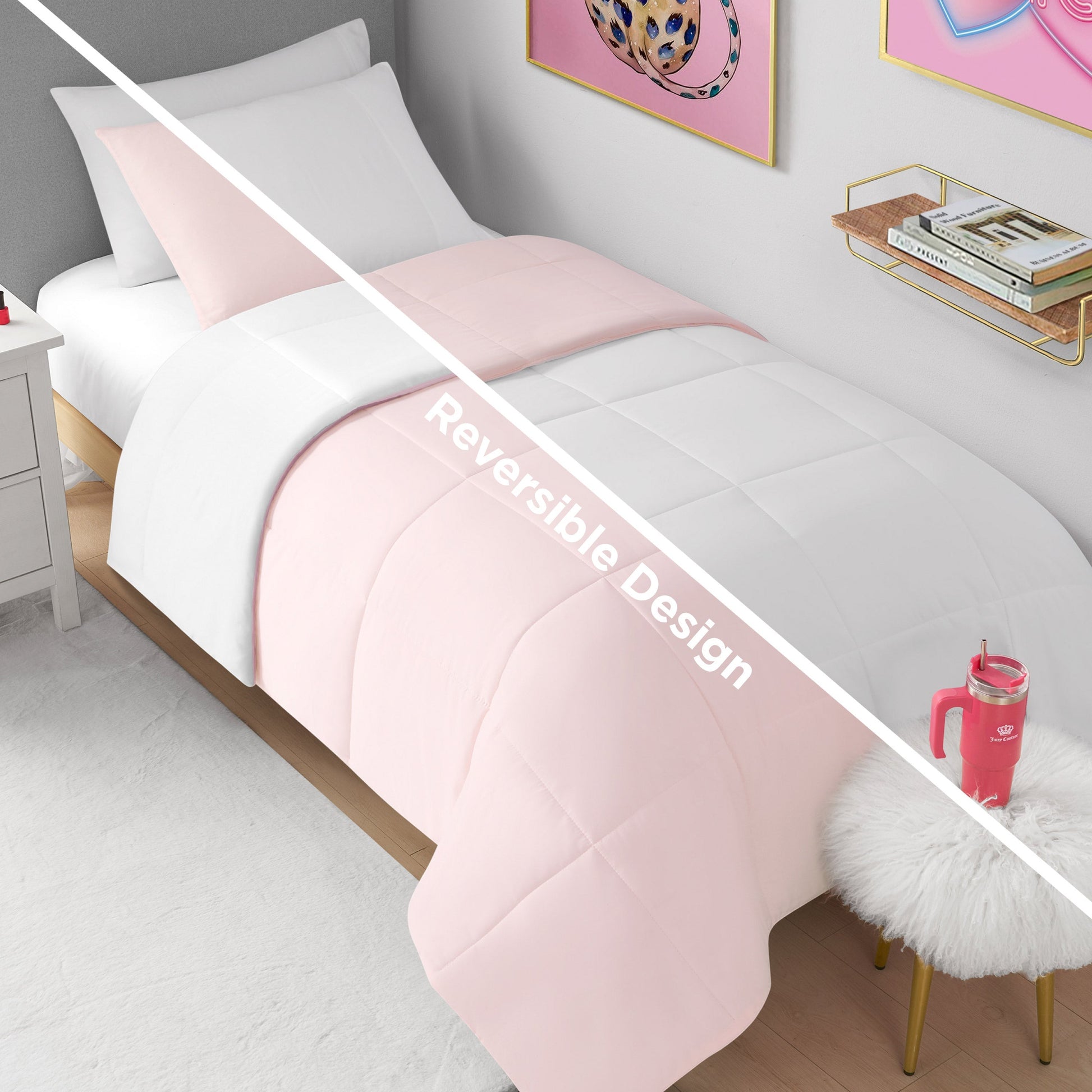 Box Stitch Reversible Comforter Set - Pink Marshmallow/White - Juicy Couture