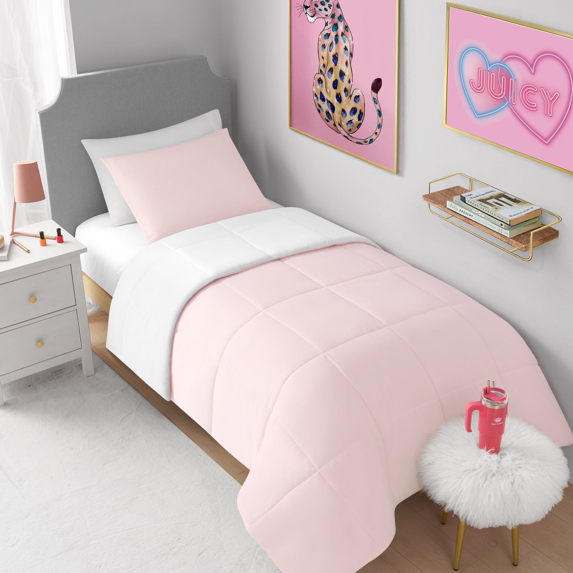 Box Stitch Reversible Comforter Set - Pink Marshmallow/White - Juicy Couture