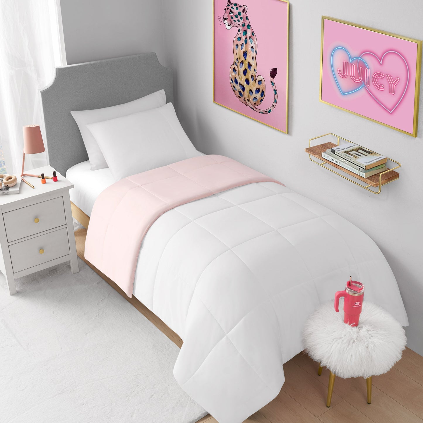 Box Stitch Reversible Comforter Set - Pink Marshmallow/White - Juicy Couture