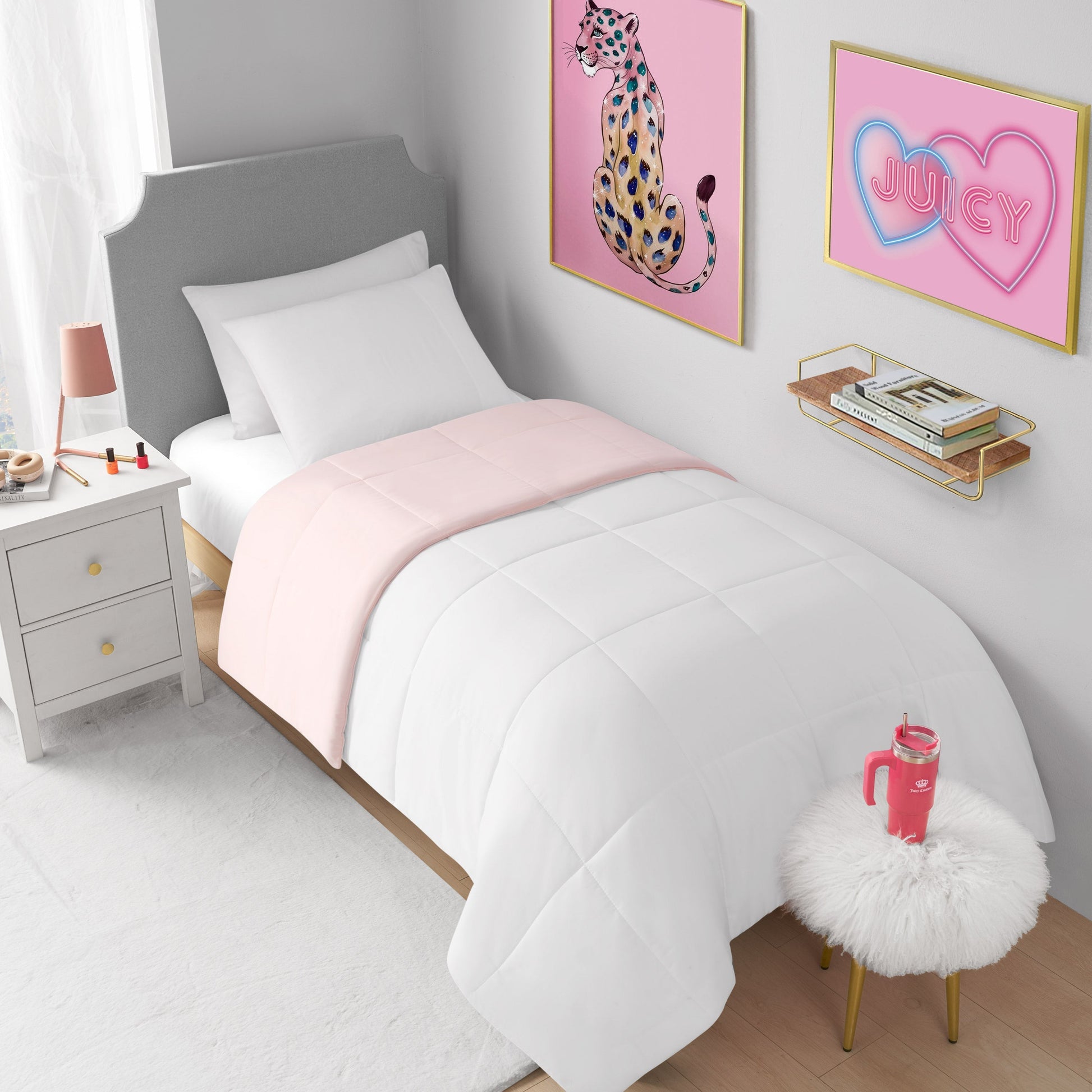 Box Stitch Reversible Comforter Set - Pink Marshmallow/White - Juicy Couture