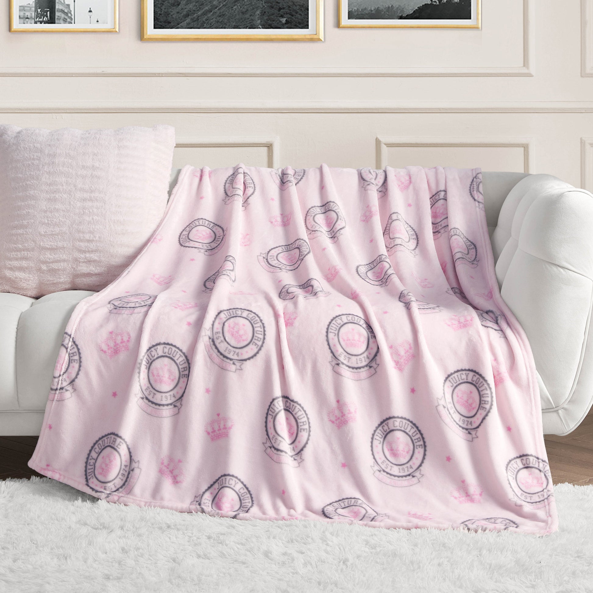 Plush Throw Blanket - Juicy Emblem Light Pink - Juicy Couture