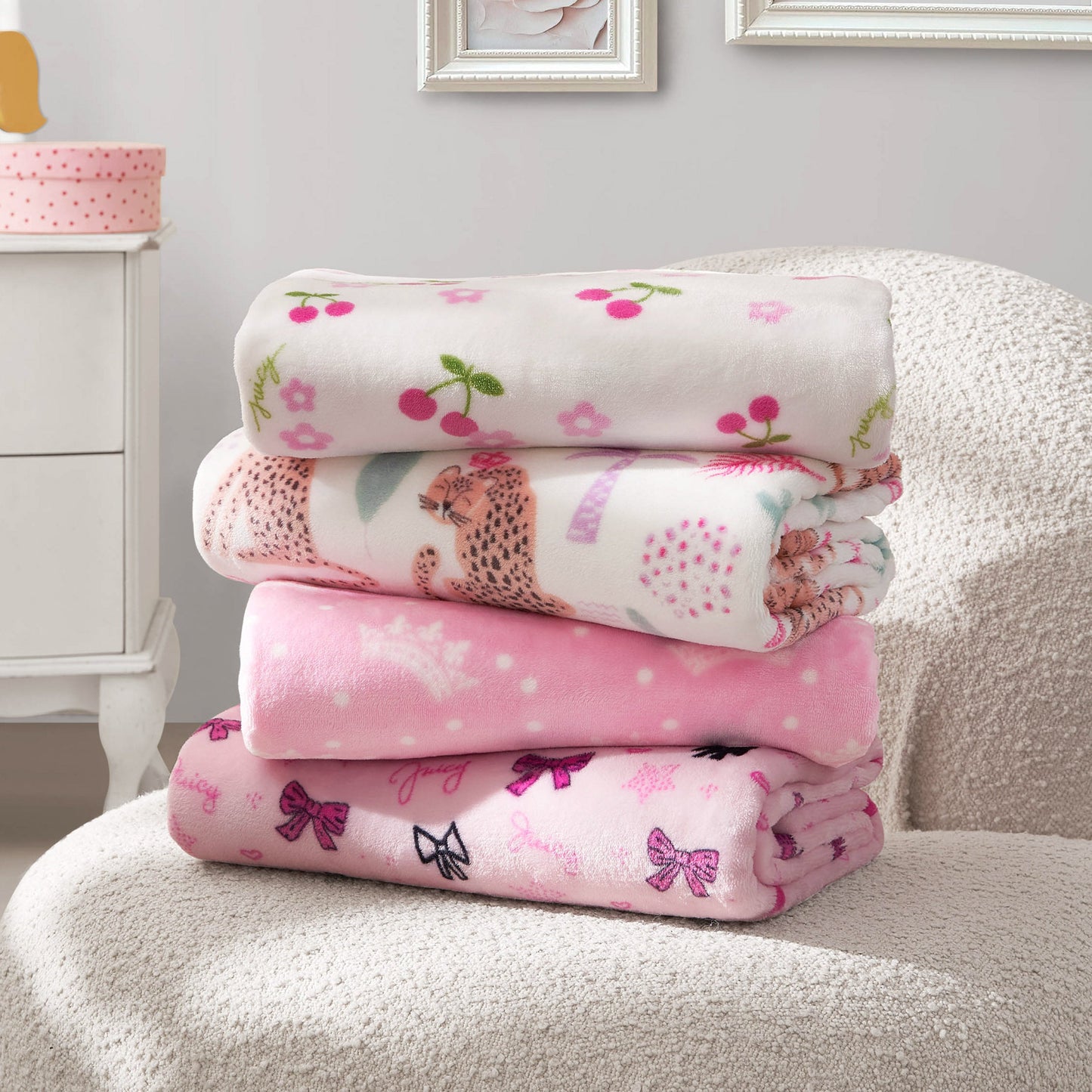 Plush Baby Throw Blanket - Crown Polka Dots Pink - Juicy Couture