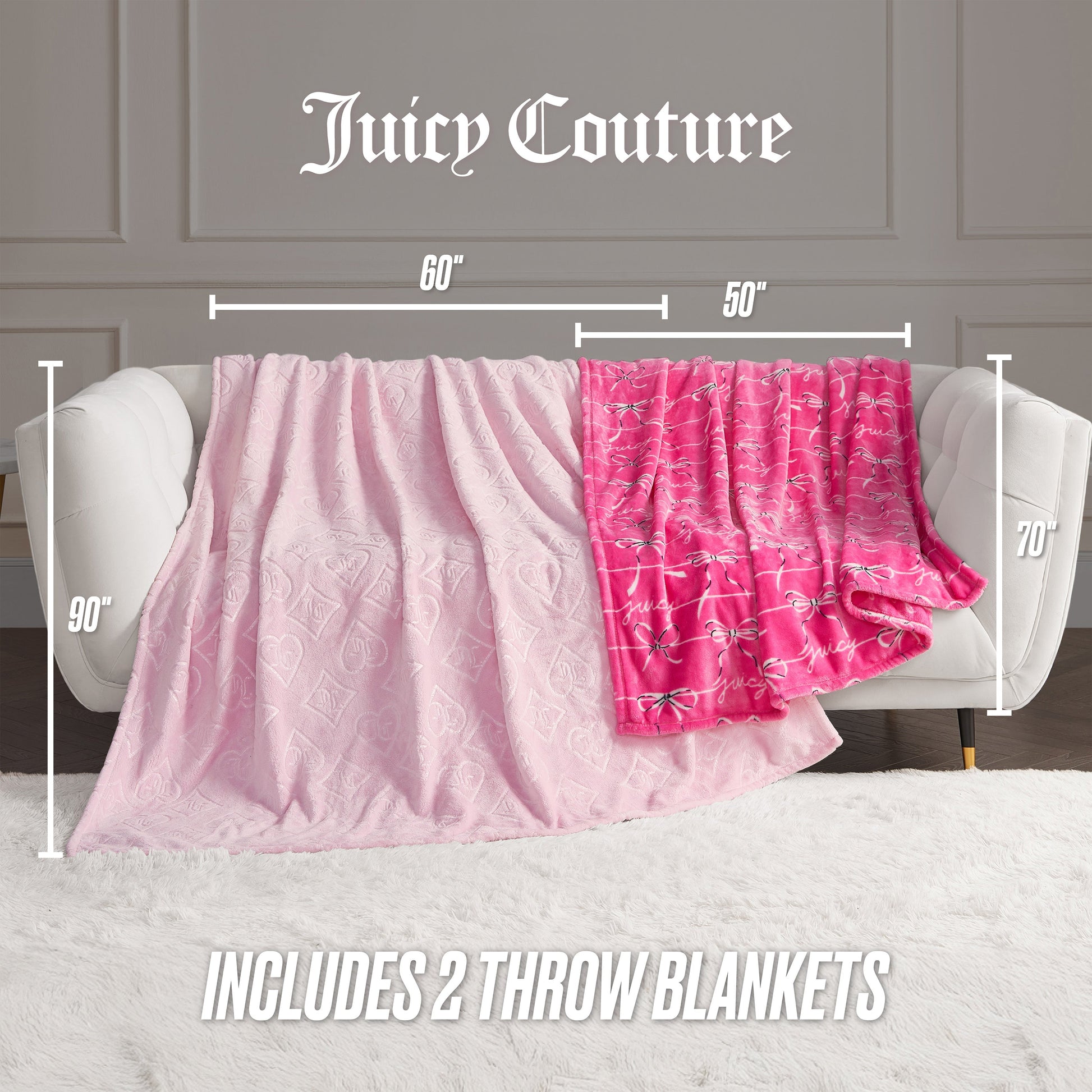 Plush 2-Piece Throw Blanket Set - Pink/Hot Pink - Juicy Couture