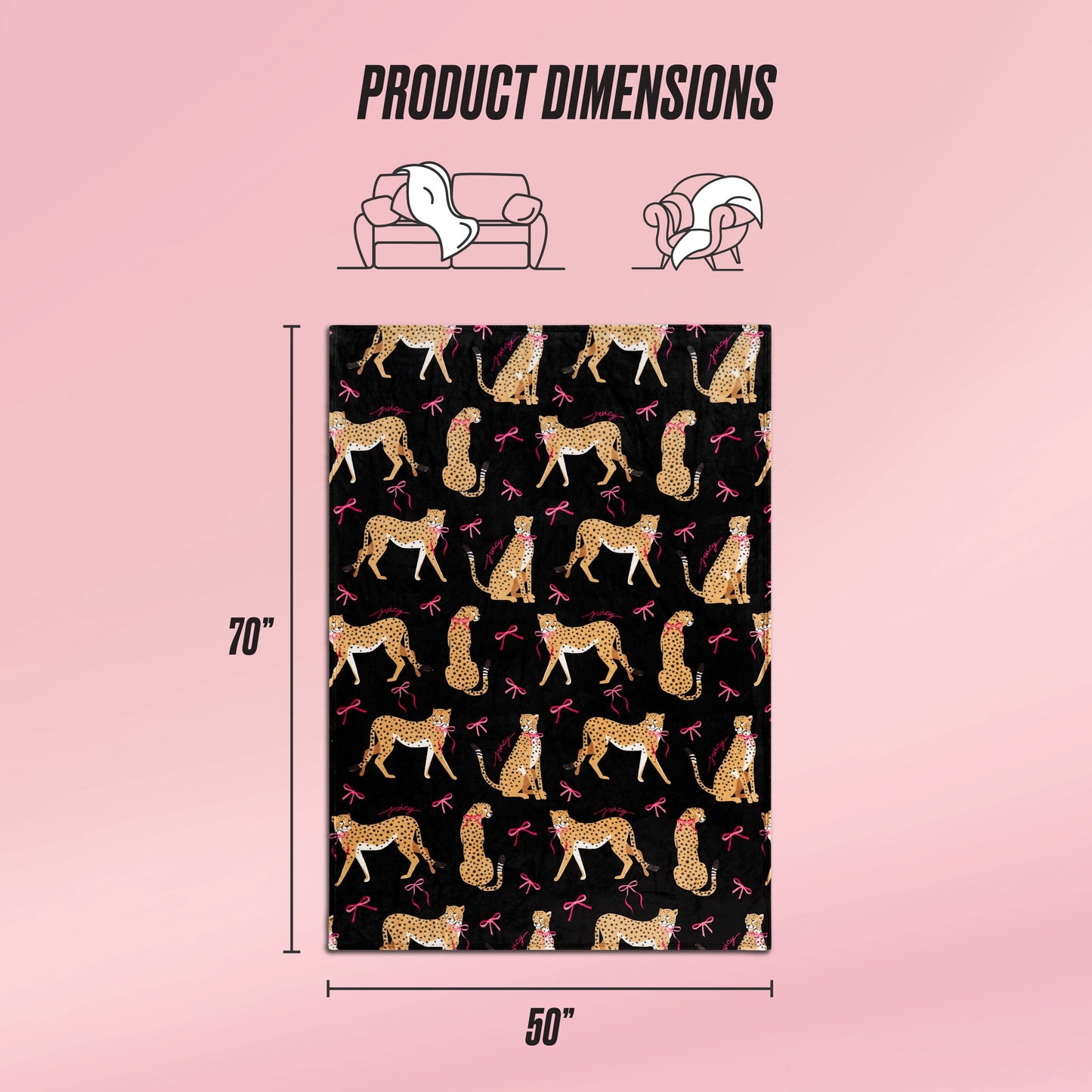 A 70x50 inch ultra-soft Plush Throw Blanket by Juicy Couture features a cheetah and pink bow pattern on black. The image shows the throw draped over a couch and person, with "Product Dimensions" text above.