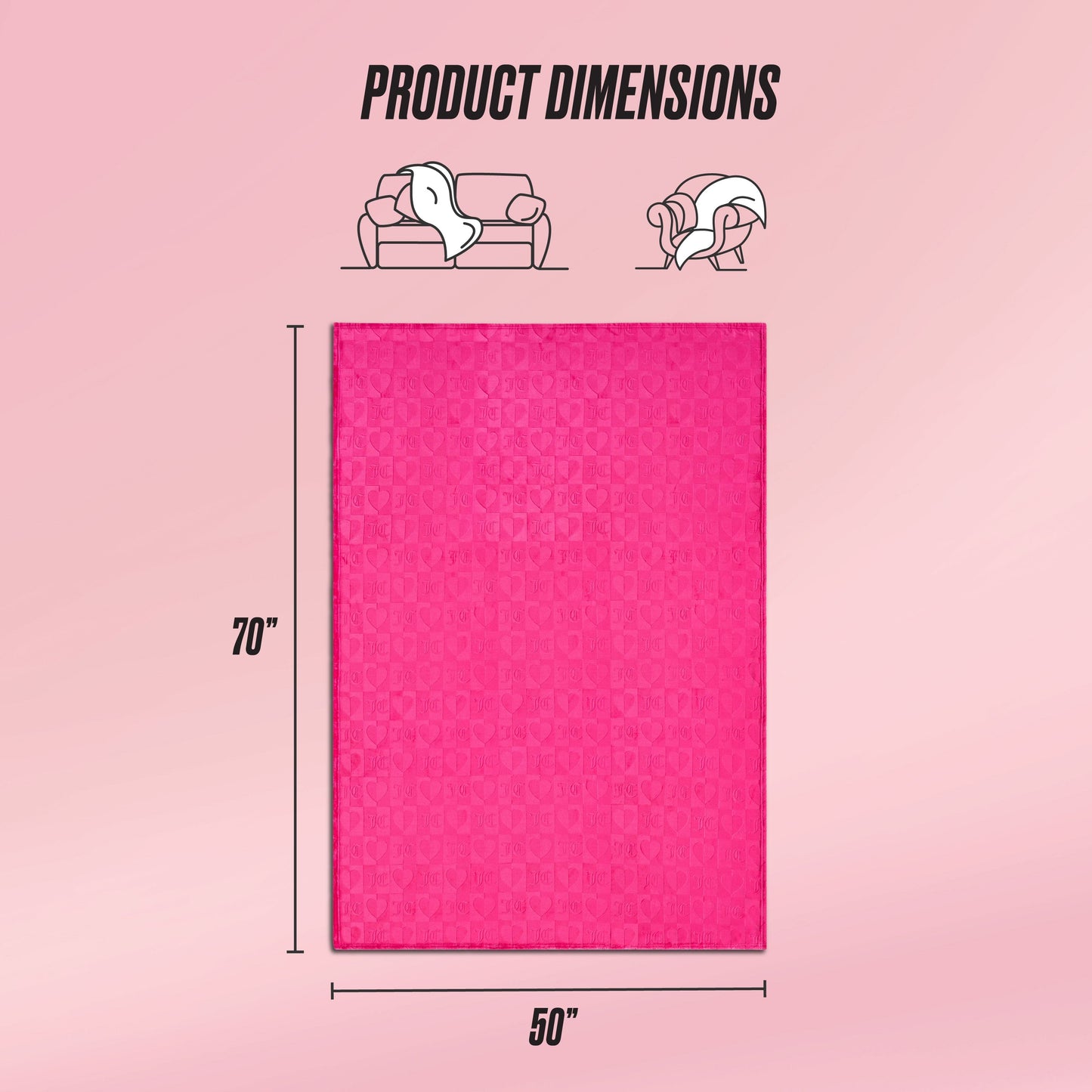 A graphic shows a pink Plush Throw Blanket, ultra-soft and rectangular at 70"x50". Icons above illustrate it on a sofa and over a person, with "Product Dimensions" labeled at the top.