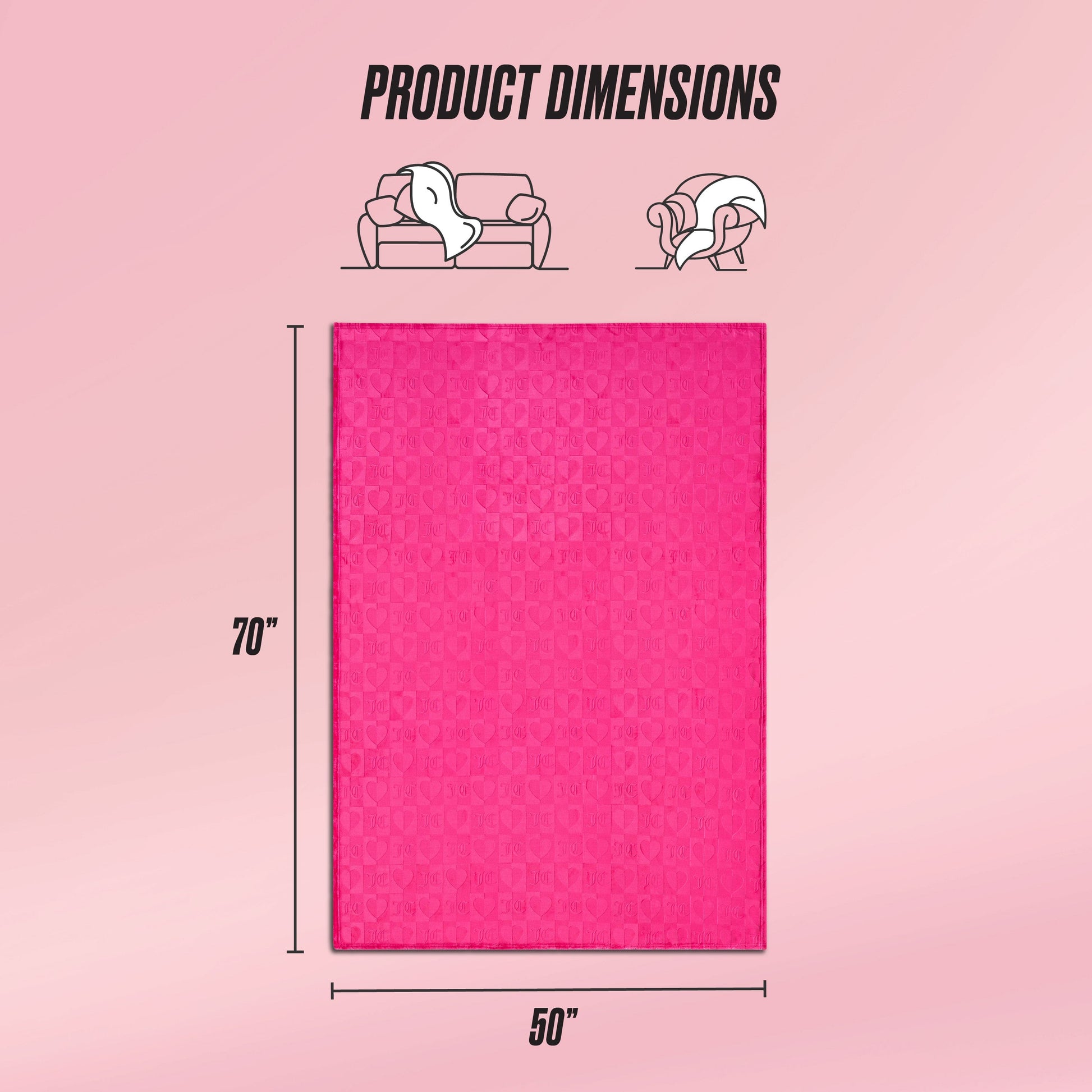 A graphic shows a pink Plush Throw Blanket, ultra-soft and rectangular at 70"x50". Icons above illustrate it on a sofa and over a person, with "Product Dimensions" labeled at the top.