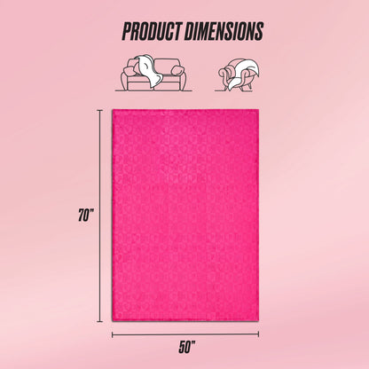 A graphic shows a pink Plush Throw Blanket, ultra-soft and rectangular at 70"x50". Icons above illustrate it on a sofa and over a person, with "Product Dimensions" labeled at the top.