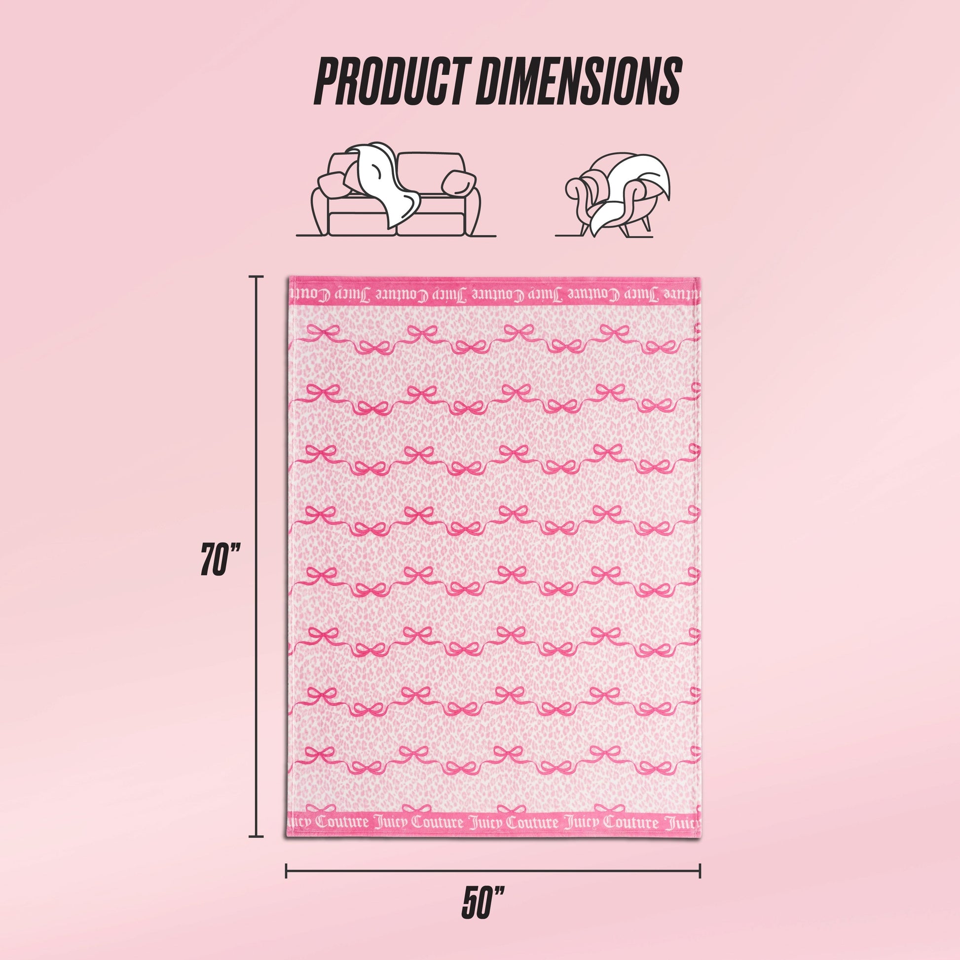 A light pink background showcases the Plush Throw Blanket by Juicy Couture in pink with bow patterns, measuring 70" x 50". Icons above indicate this ultra-soft blanket is perfect for sofas and beds.