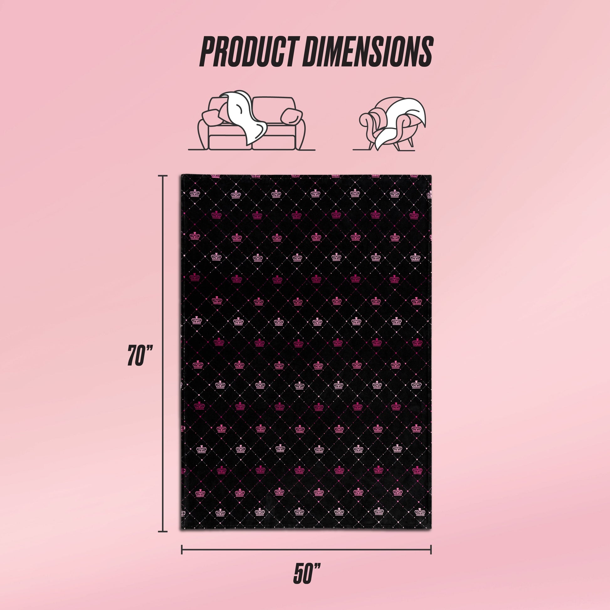 The Plush Throw Blanket by Juicy Couture features a black pattern with pink and white accents. Shown with dimension lines of 70x50 inches, icons above display the ultra-soft blanket on a sofa and around a person, labeled as Product Dimensions.