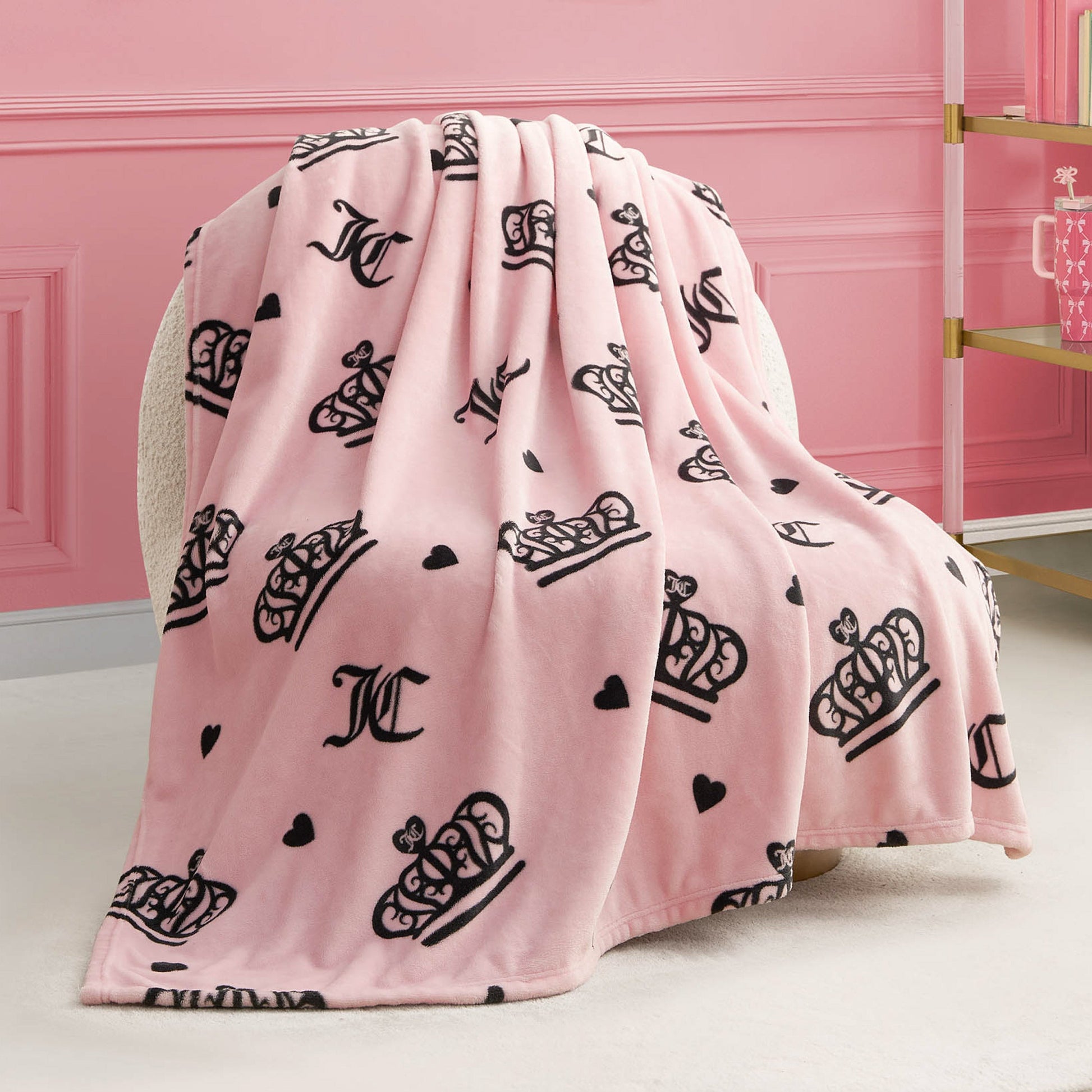 Plush Throw Blanket - Elegant Crown Diamond Toss Pink - Juicy Couture