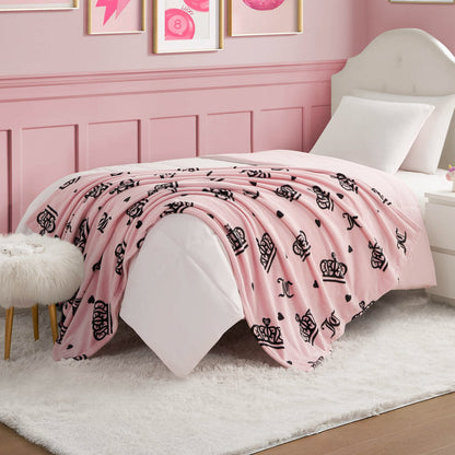 Plush Throw Blanket - Elegant Crown Diamond Toss Pink - Juicy Couture
