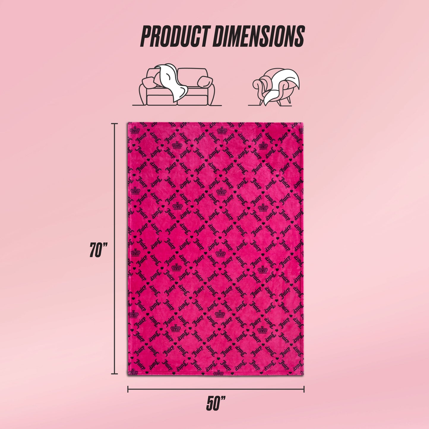 The Plush Throw Blanket in pink and black pattern, sized 70" x 50", is pictured draped over a sofa and person, highlighting its glamour. Above are illustrations labeled Product Dimensions.