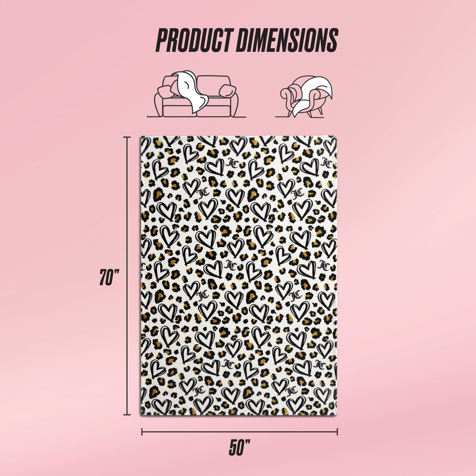 A Plush Throw Blanket with a black and gold heart and leopard print pattern is displayed on a pink background. Text reads Product Dimensions: 70" x 50". Sofa and person icons appear above.