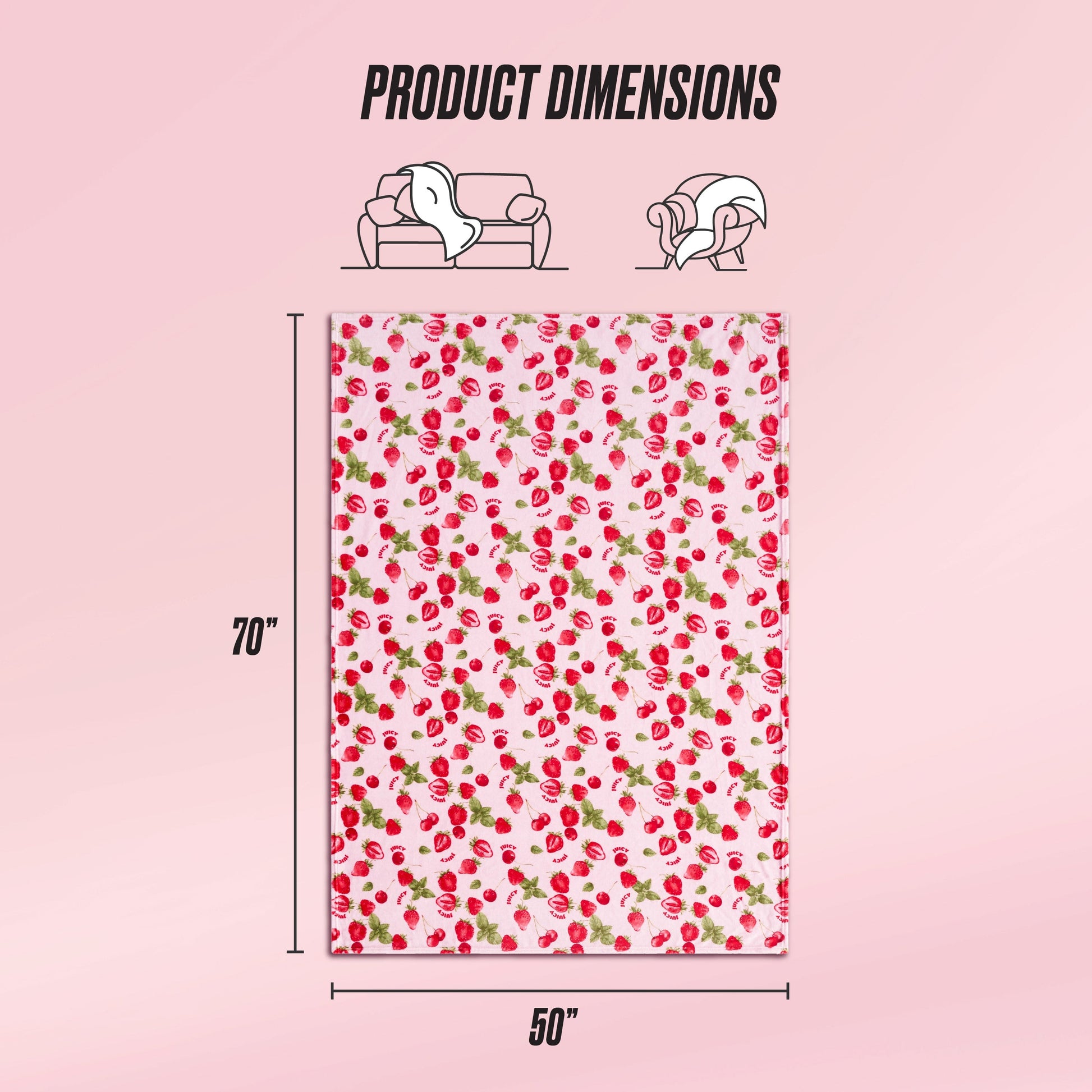 A pink background displays the Plush Throw Blanket with a red cherry pattern. This ultra-soft 70"x50" blanket is shown folded on a couch and wrapped around someone. Text reads Product Dimensions.