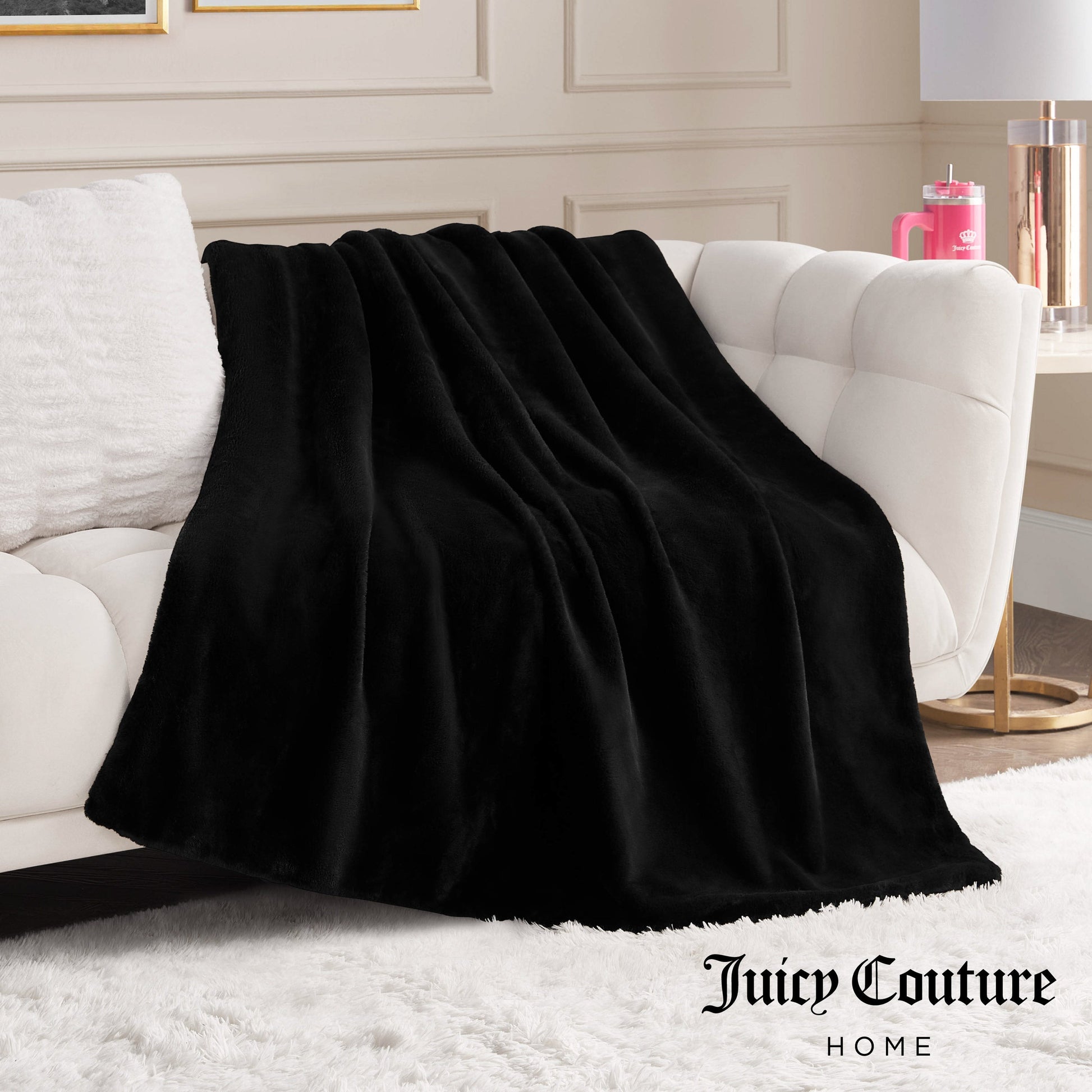 Solid Rabbit Mink Faux Fur Throw Blanket - Black - Juicy Couture
