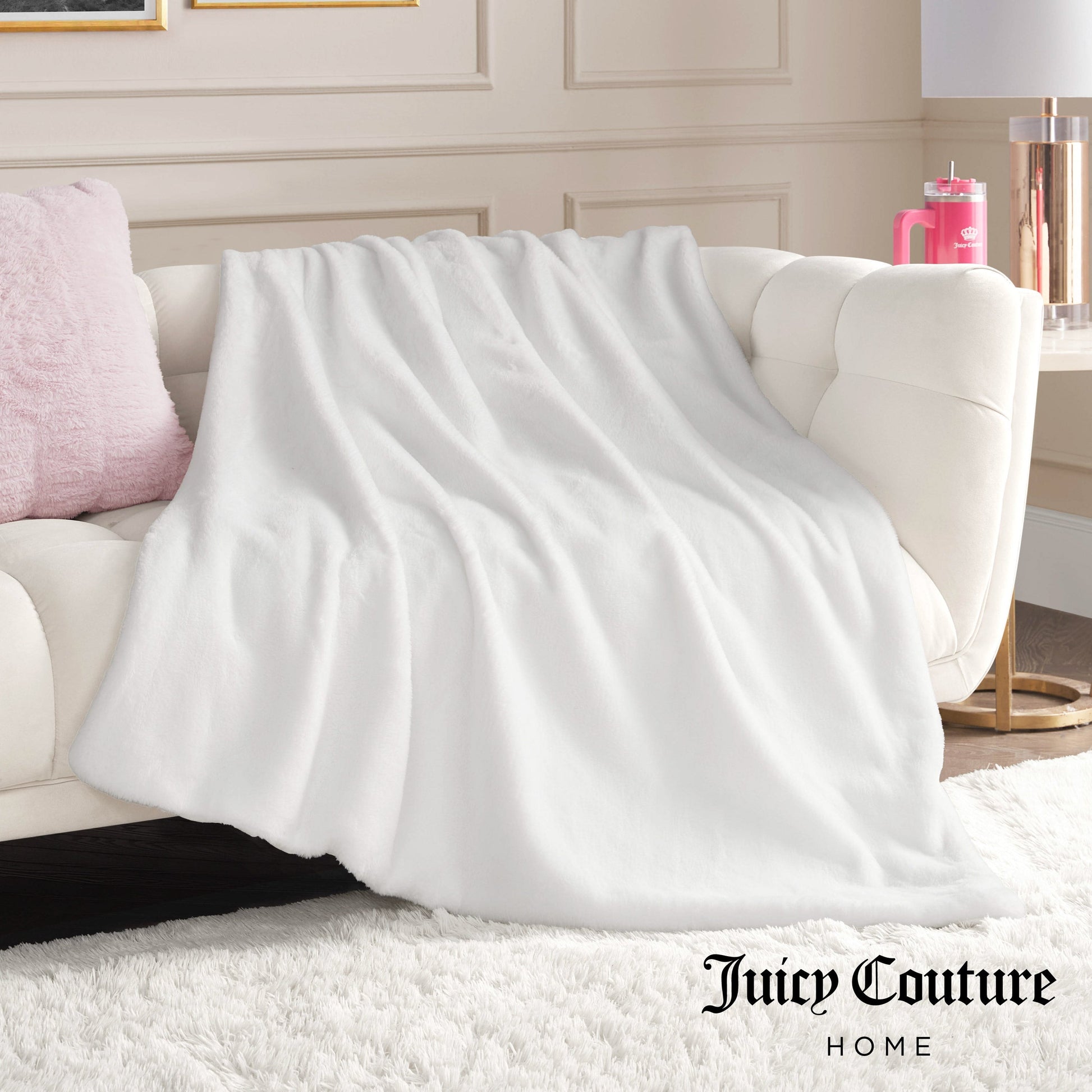 Solid Rabbit Mink Faux Fur Throw Blanket - White - Juicy Couture