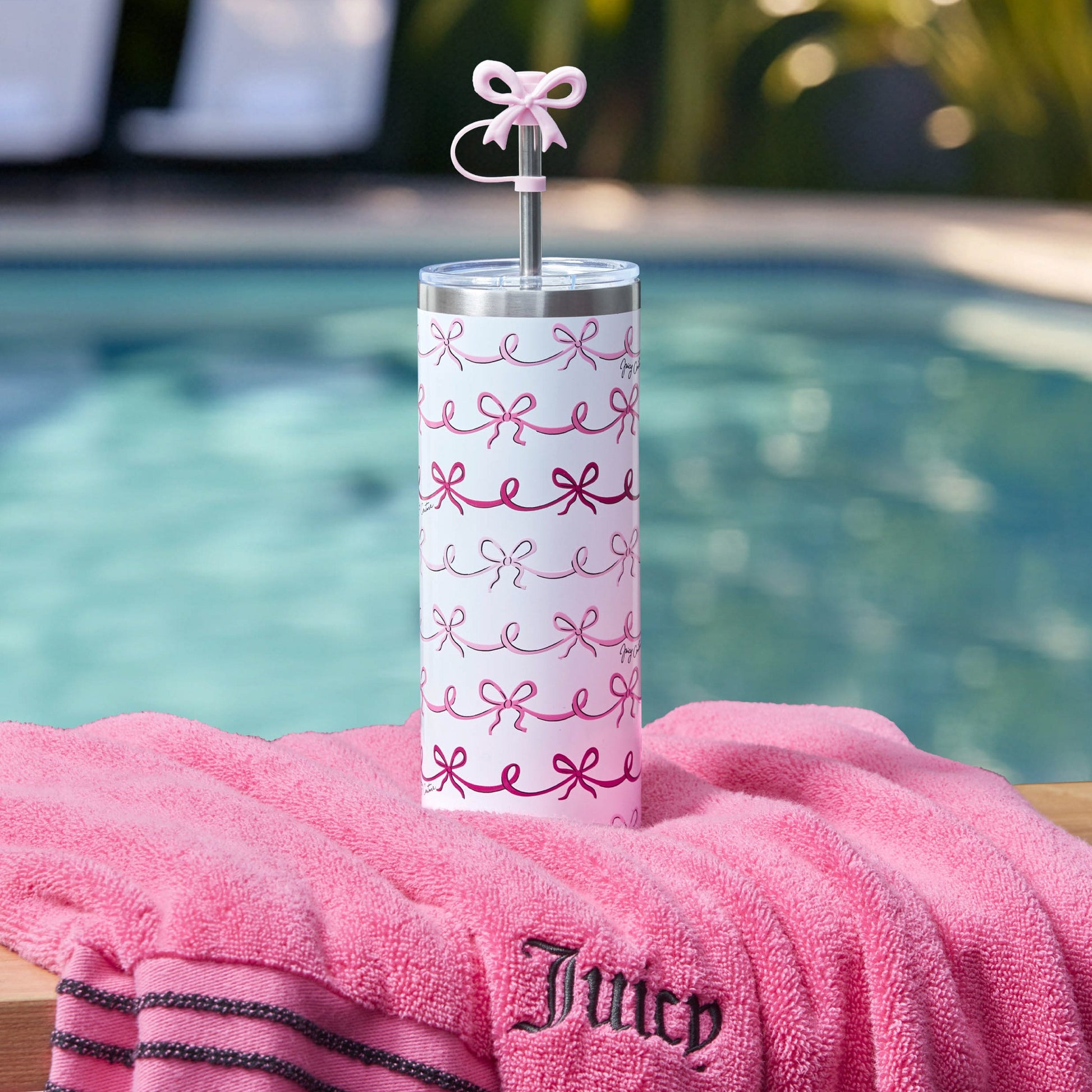 Glam Slip Hydration Stainless Steel Tumbler - Pink Doodle Bows - Juicy Couture