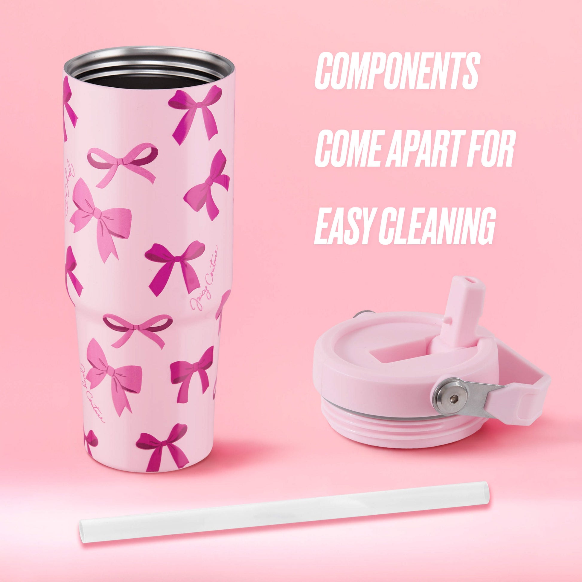 Flip & Sip Hydration Stainless Steel Tumbler - Tossed Pink Bows - Juicy Couture