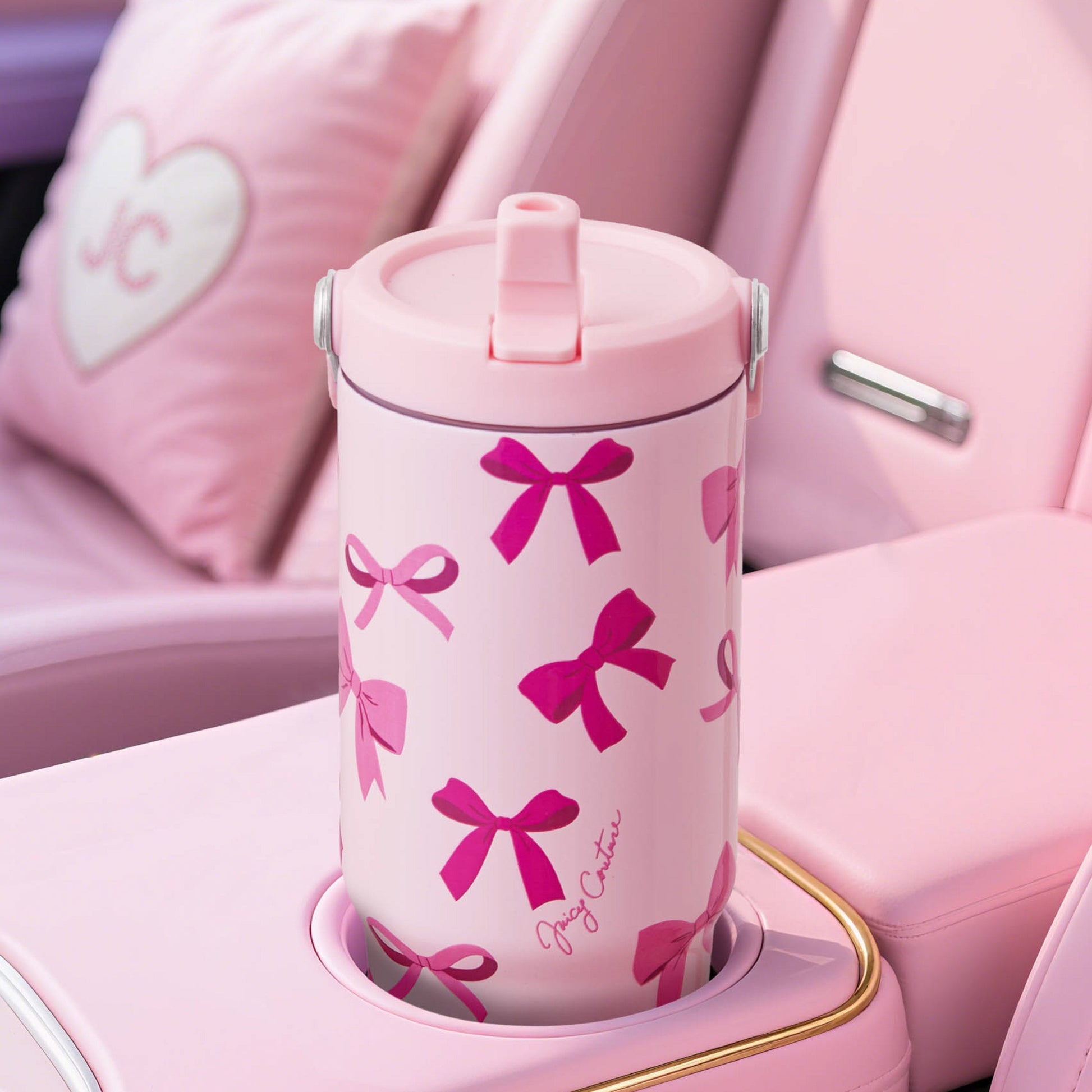 Flip & Sip Hydration Stainless Steel Tumbler - Tossed Pink Bows - Juicy Couture
