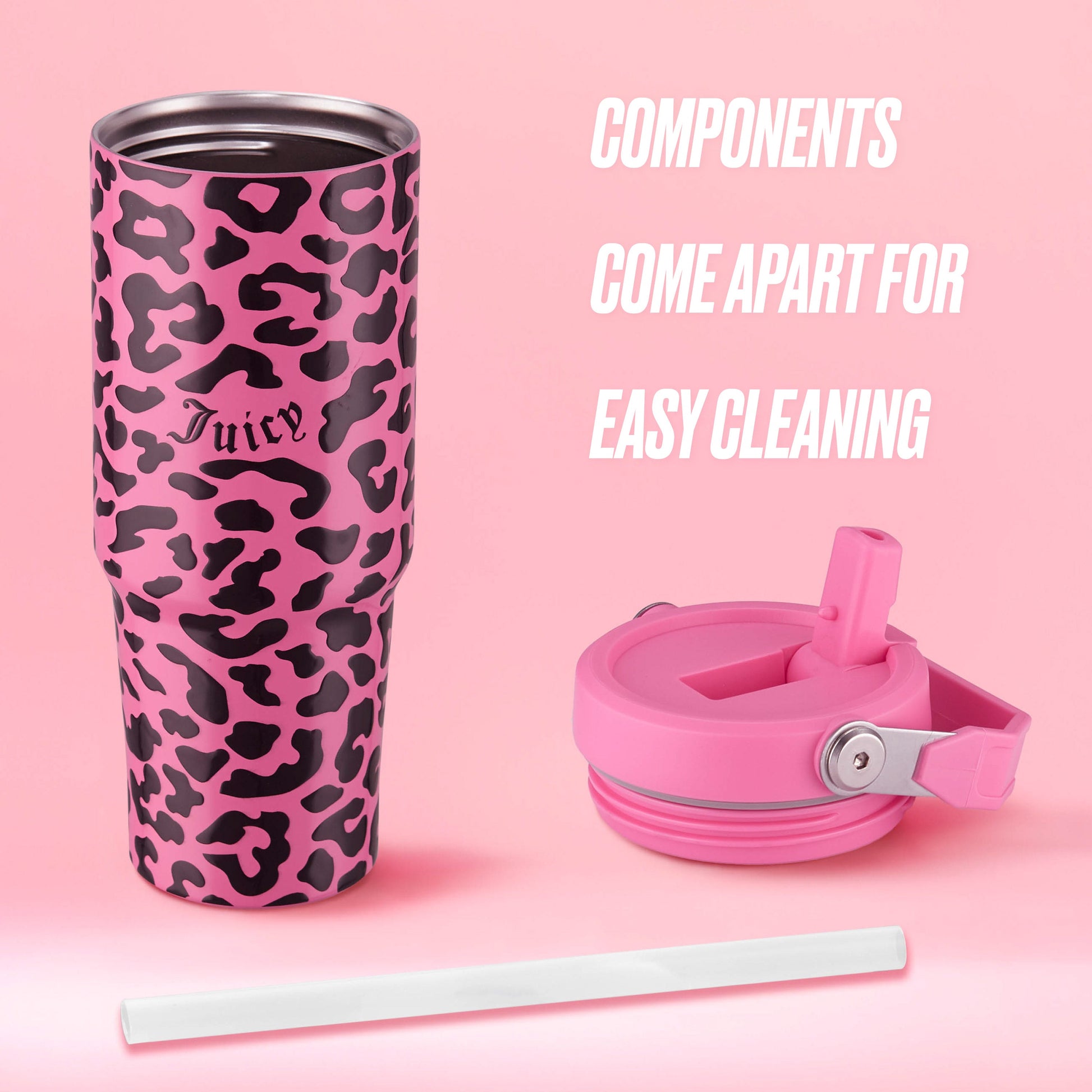 Flip & Sip Hydration Stainless Steel Tumbler - Hot Pink Leopard - Juicy Couture