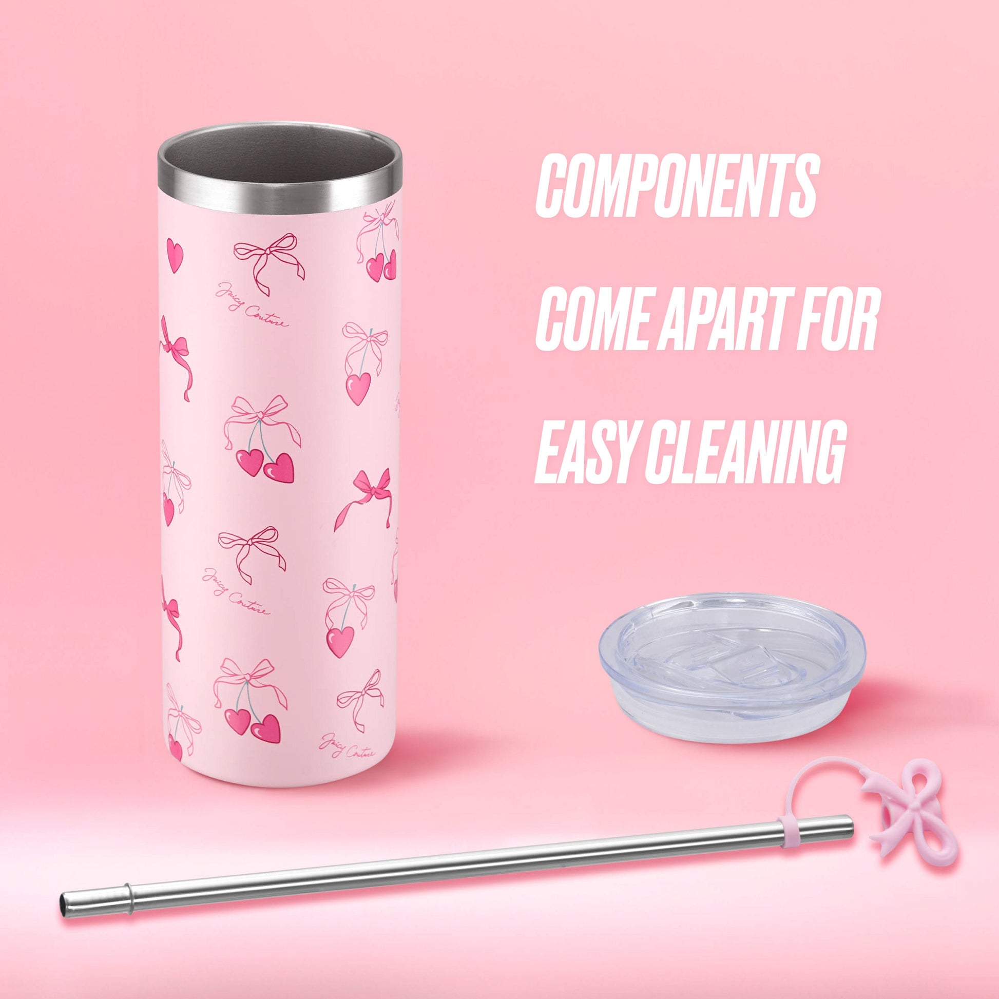 Glam Slip Hydration Stainless Steel Tumbler - Pink Cherry Bows - Juicy Couture