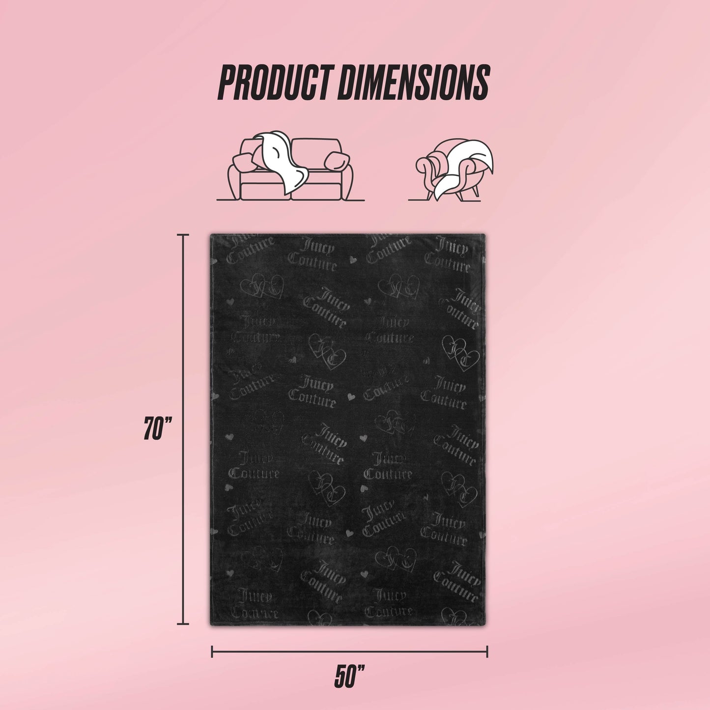 A rectangular black Embossed Plush Throw Blanket by Juicy Couture, featuring logo patterns and measuring 70x50 inches. Illustrations above show its use on a person and sofa, with "Product Dimensions" displayed.