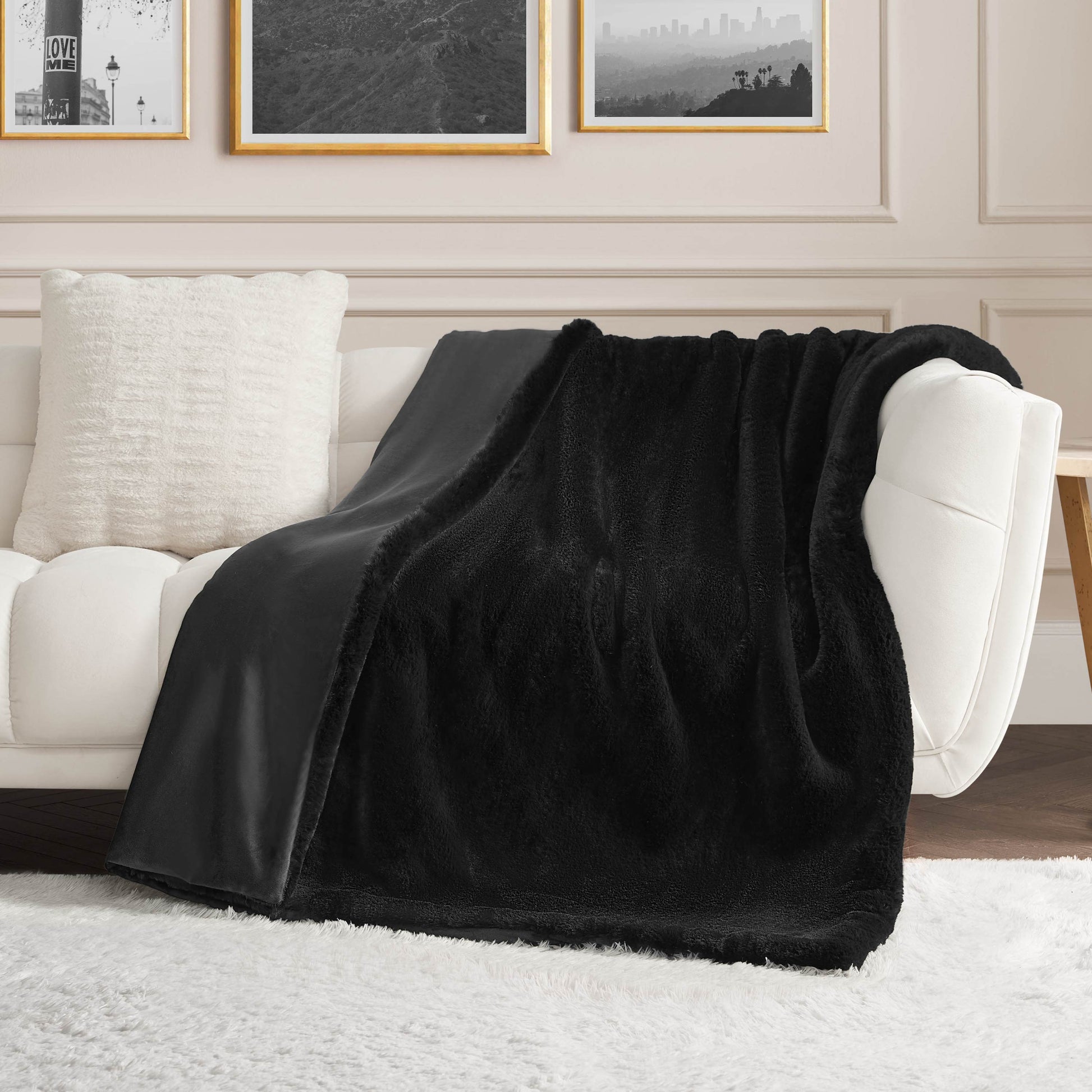 Big Fluffy Solid Faux Fur Blanket - Black - Juicy Couture
