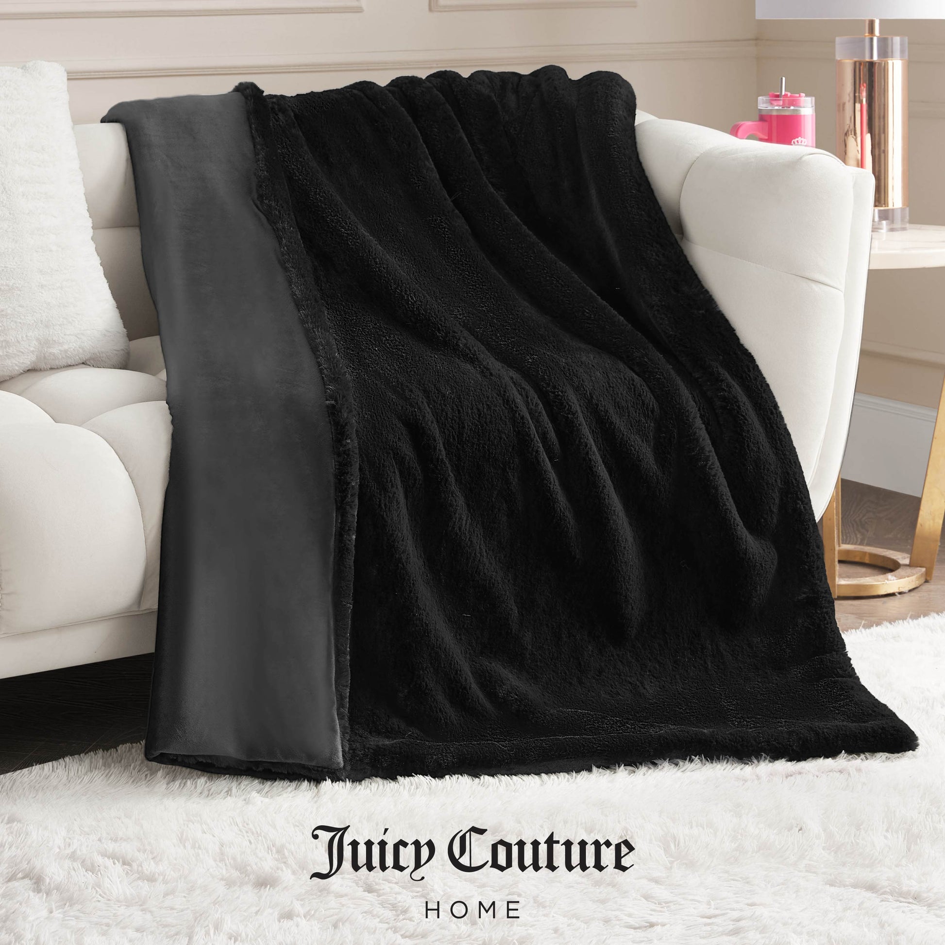 Big Fluffy Solid Faux Fur Blanket - Black - Juicy Couture