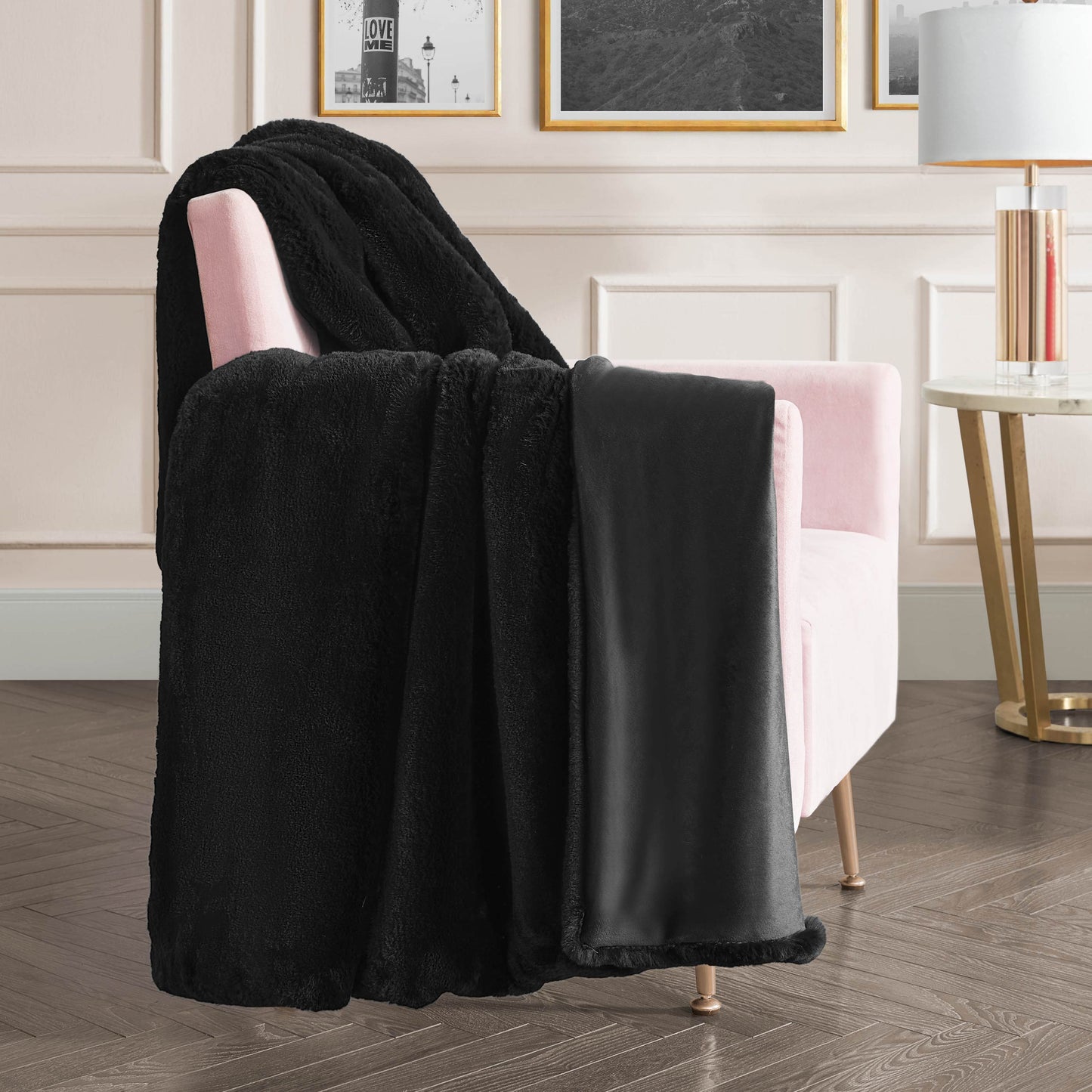Big Fluffy Solid Faux Fur Blanket - Black - Juicy Couture