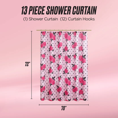 A pink Shower Curtain and Hooks Set with a rose and polka dot design hangs on hooks. Text above says 13 Piece Fabric Shower Curtain, 72 x 70. Set includes 1 shower curtain and 12 matching hooks.