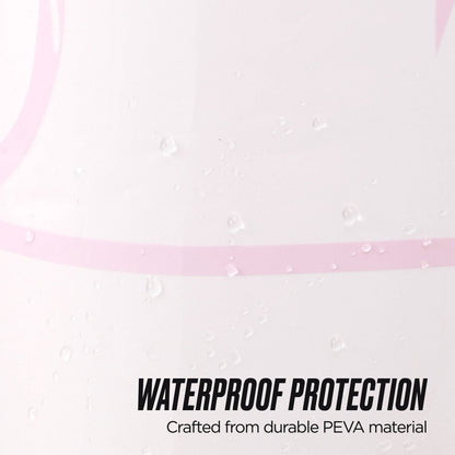 Close-up of water droplets beading on a smooth, light surface, with “WATERPROOF PROTECTION Crafted from durable PEVA Shower Curtain Liner material” at the bottom right.