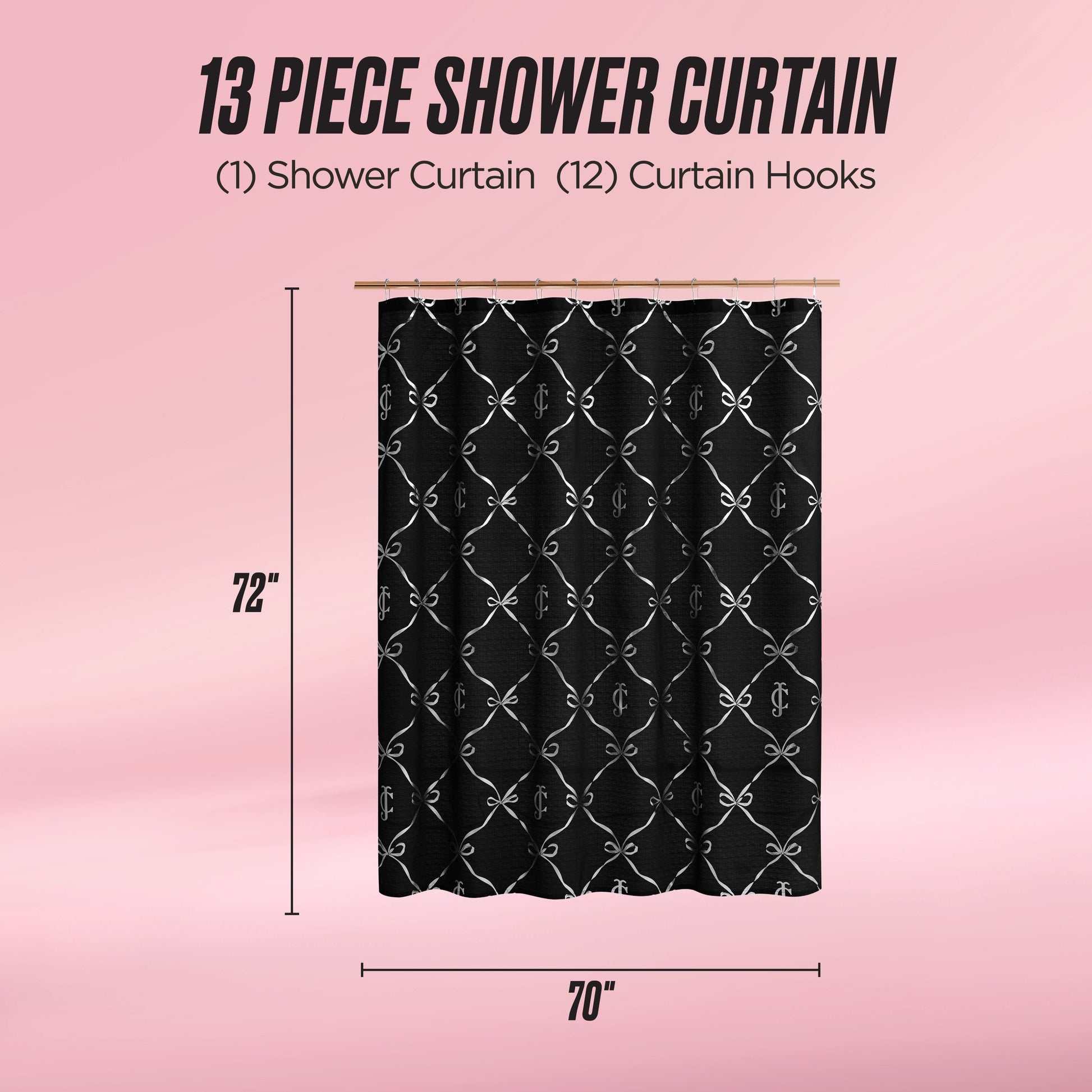 A black fabric shower curtain with a white pattern is shown on a pink background. Text reads “Shower Curtain and Hooks Set,” 72 x 70 inches, includes 1 curtain and 12 hooks—ideal for stylish bathroom decor.