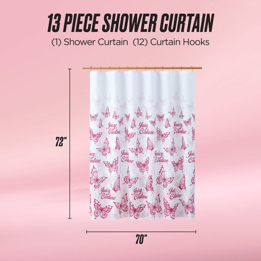 The Shower Curtain and Hooks Set features a white and pink Juicy Couture fabric shower curtain with butterfly designs. It includes one curtain (72" x 70") and 12 hooks, perfect for adding style to your bathroom.