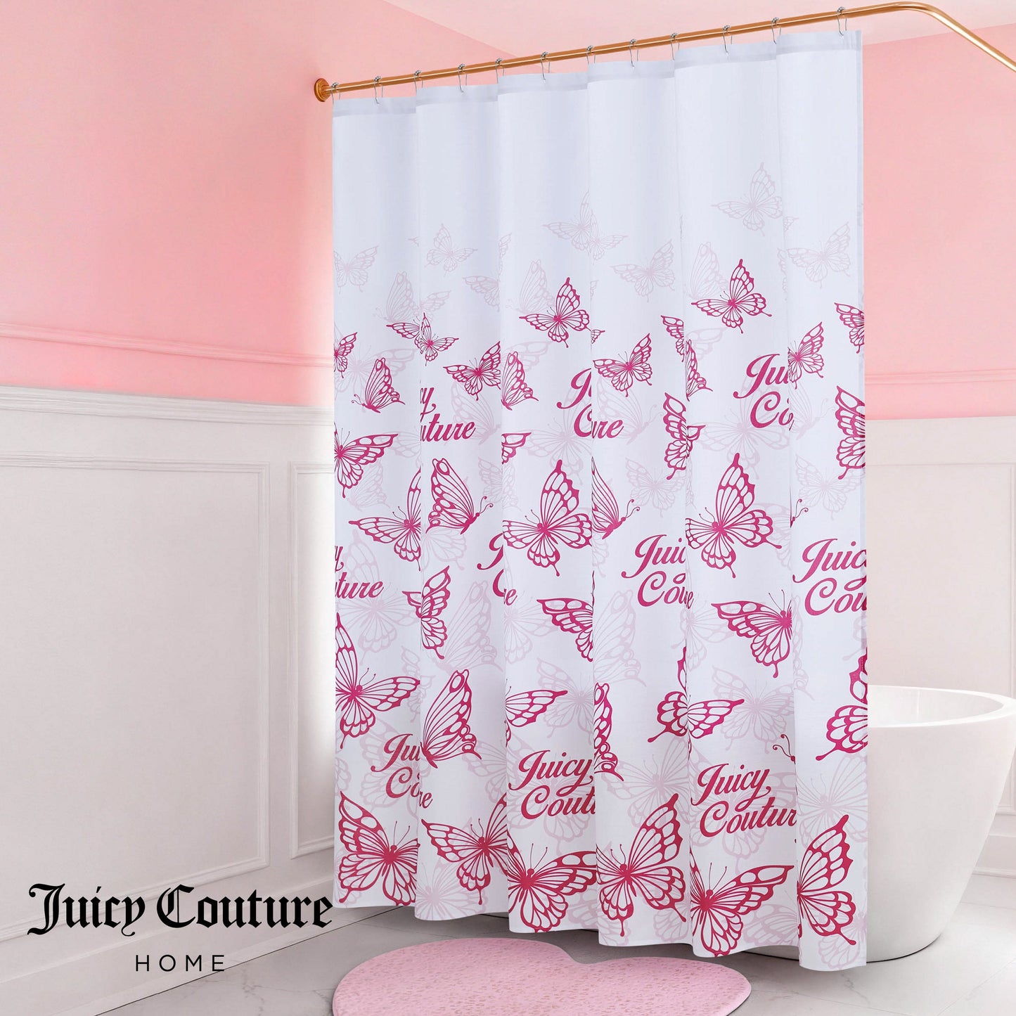 A pink and white bathroom features a white bathtub and the Shower Curtain and Hooks Set with pink butterfly designs. The fabric curtain and matching pink rug complement the stylish pink and white walls.