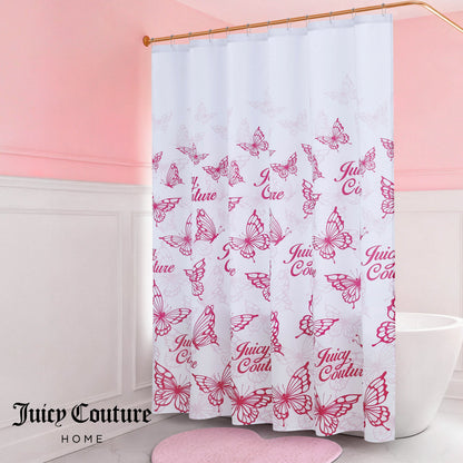 A pink and white bathroom features a white bathtub and the Shower Curtain and Hooks Set with pink butterfly designs. The fabric curtain and matching pink rug complement the stylish pink and white walls.
