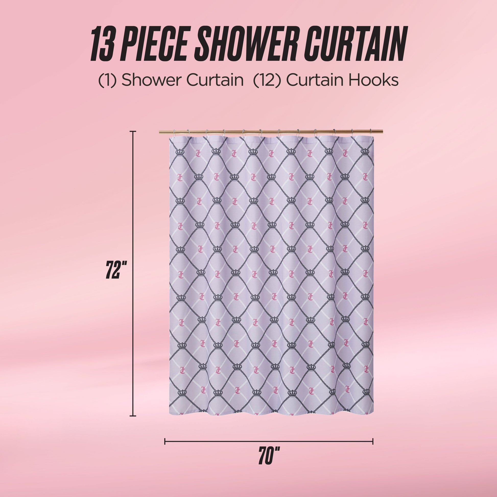 The Shower Curtain and Hooks Set, featuring a stylish diamond pattern, is shown against a pink background. This 13-piece set includes 1 fabric shower curtain (72" x 70") and 12 hooks—an ideal addition to your bathroom decor.